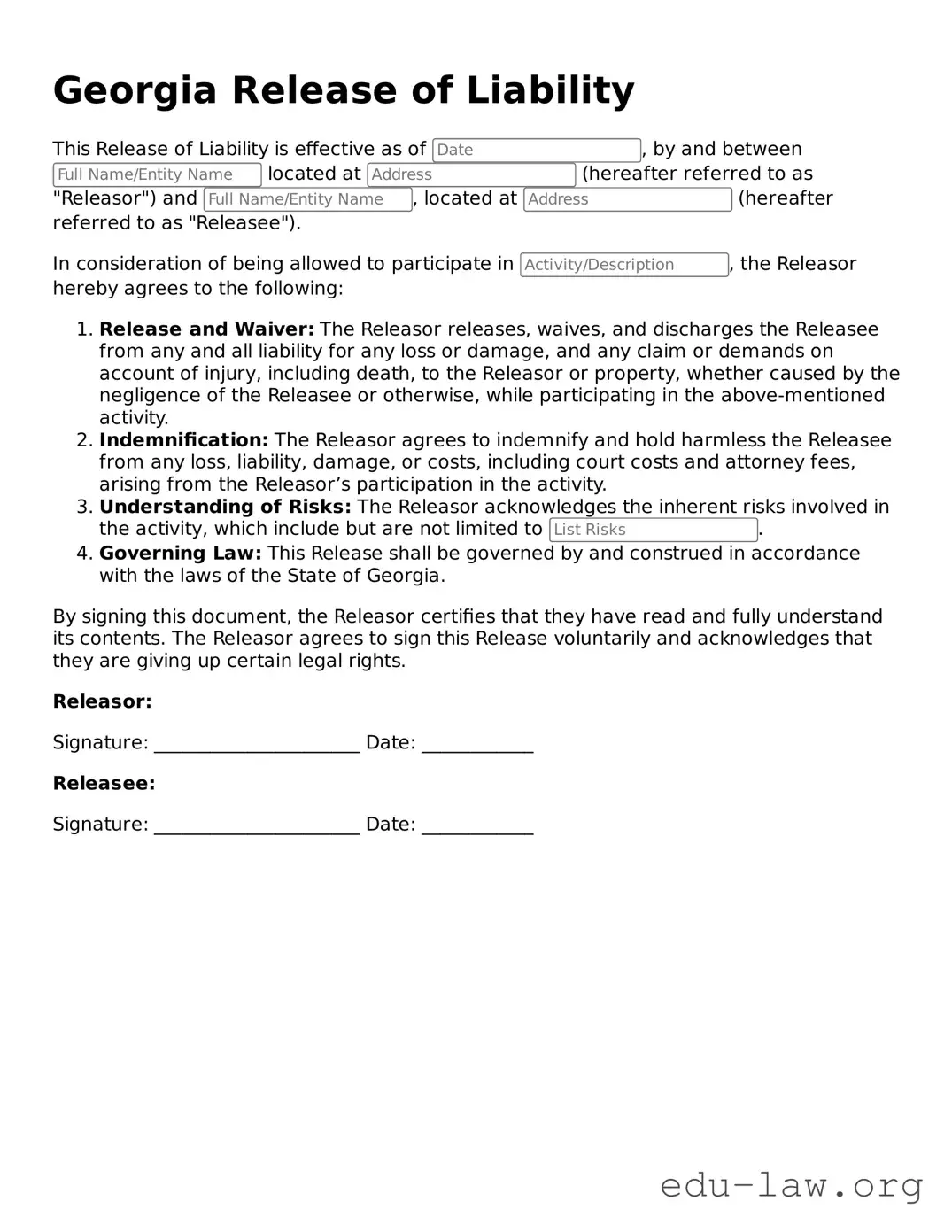 Legal  Release of Liability Template for Georgia