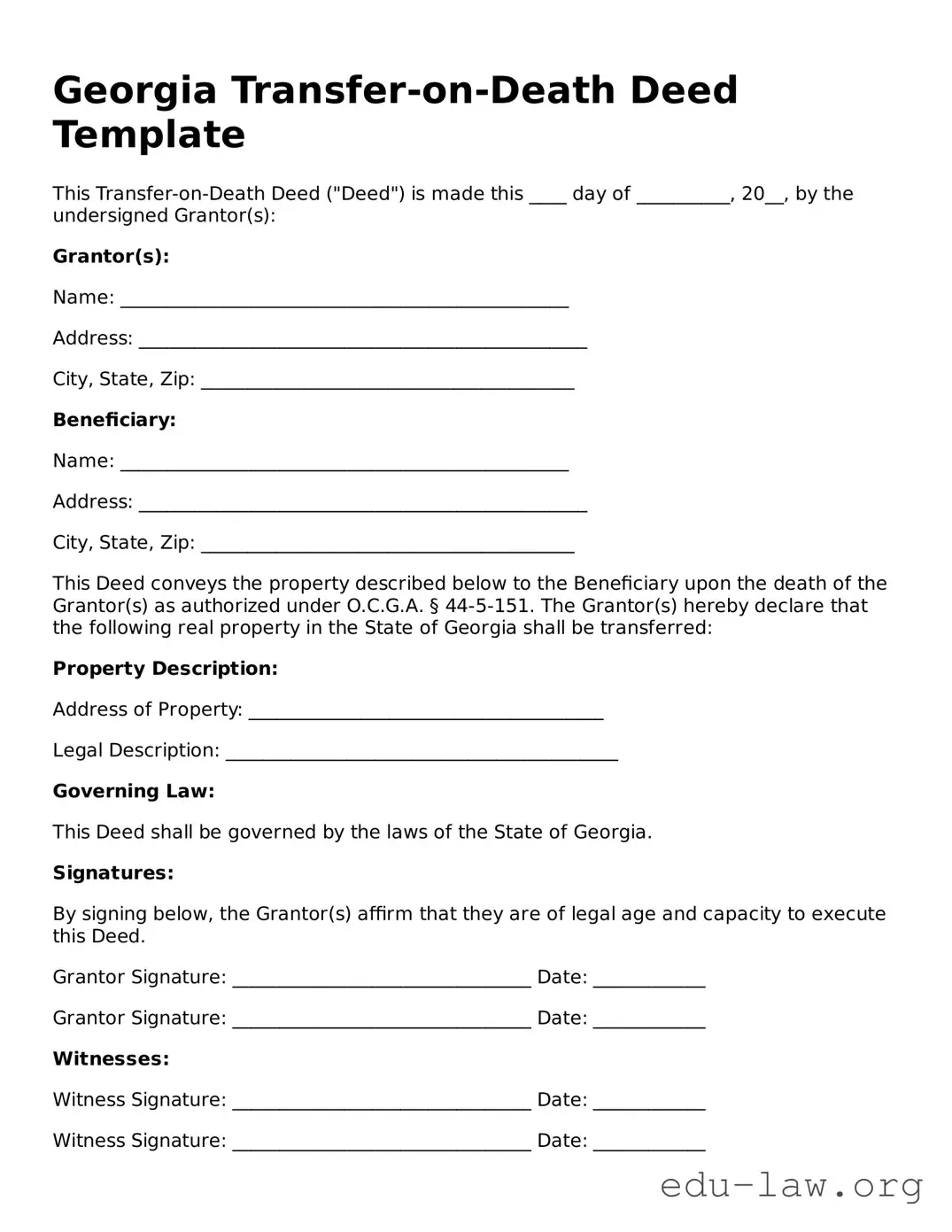 Legal  Transfer-on-Death Deed Template for Georgia