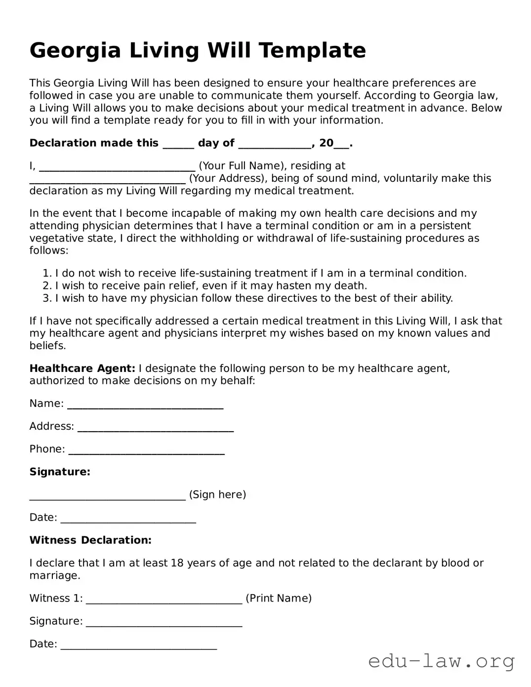 Legal  Living Will Template for Georgia