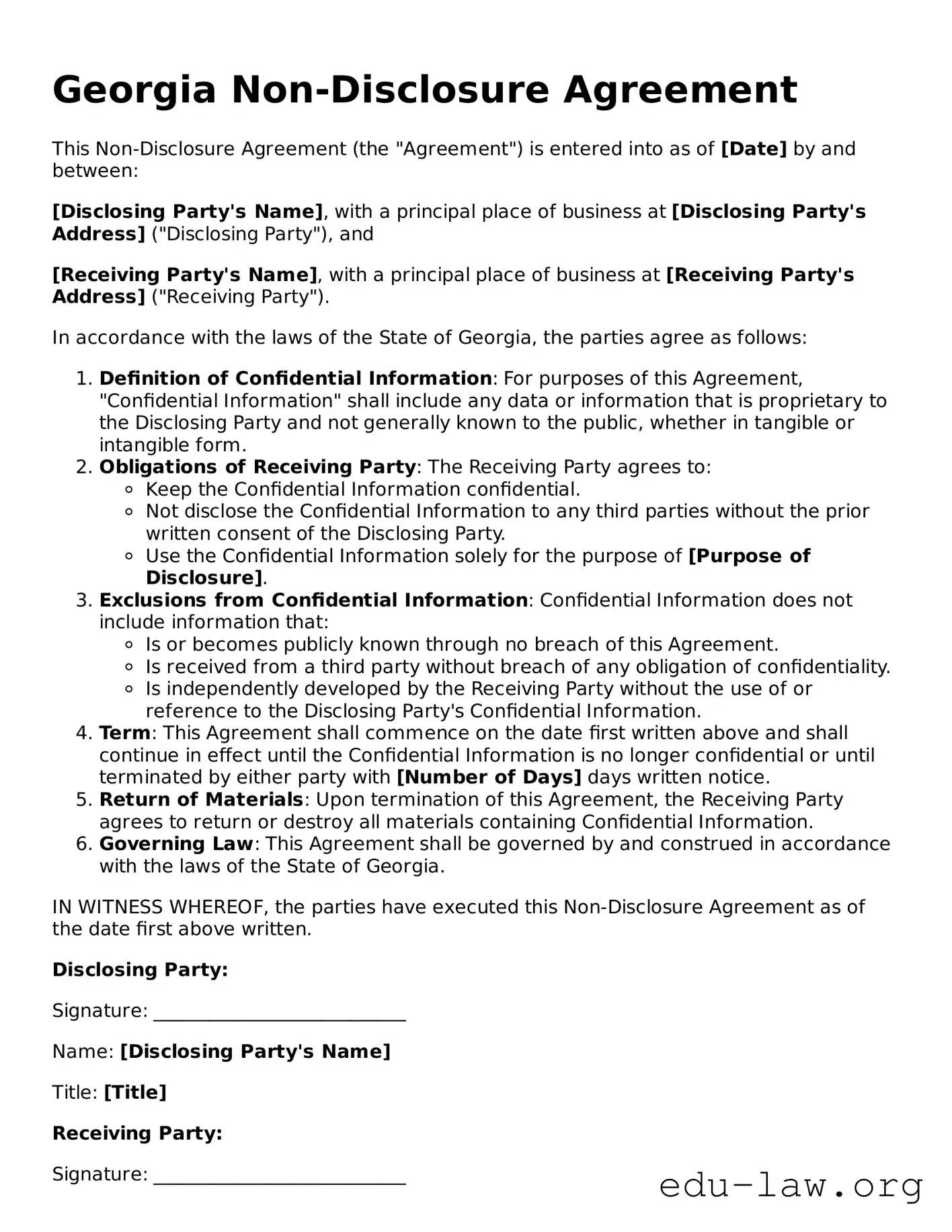 Legal  Non-disclosure Agreement Template for Georgia