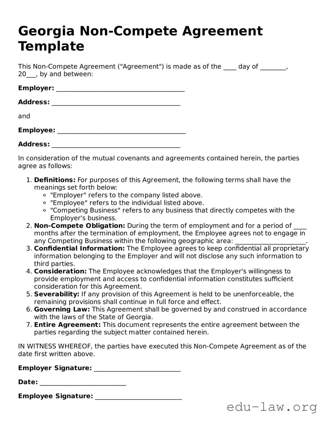 Legal  Non-compete Agreement Template for Georgia
