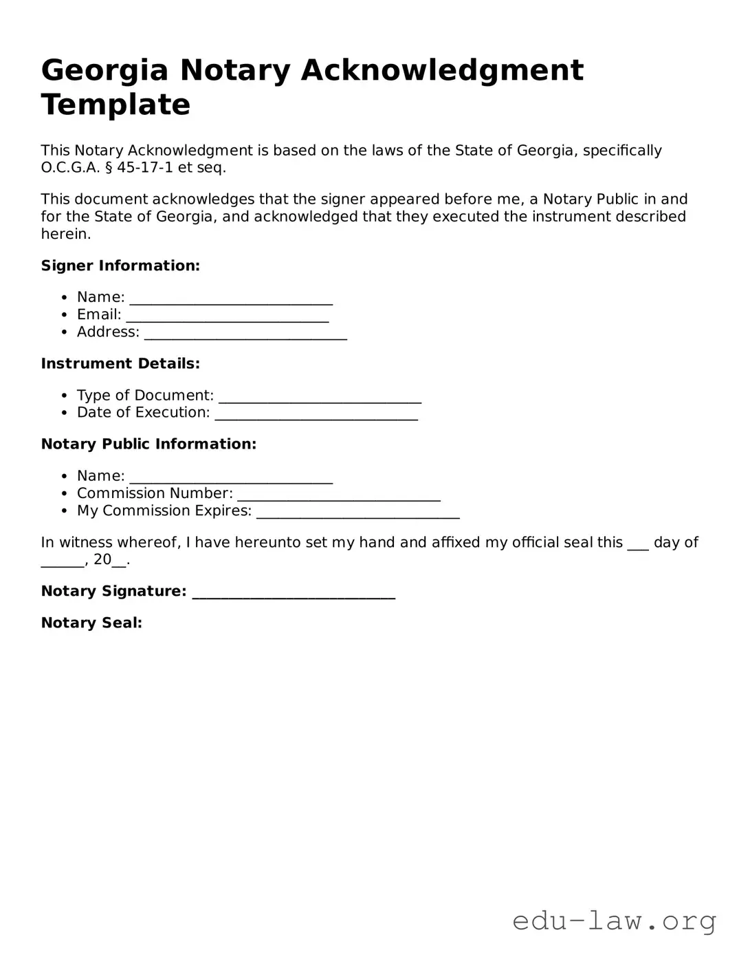 Legal  Notary Acknowledgement Template for Georgia