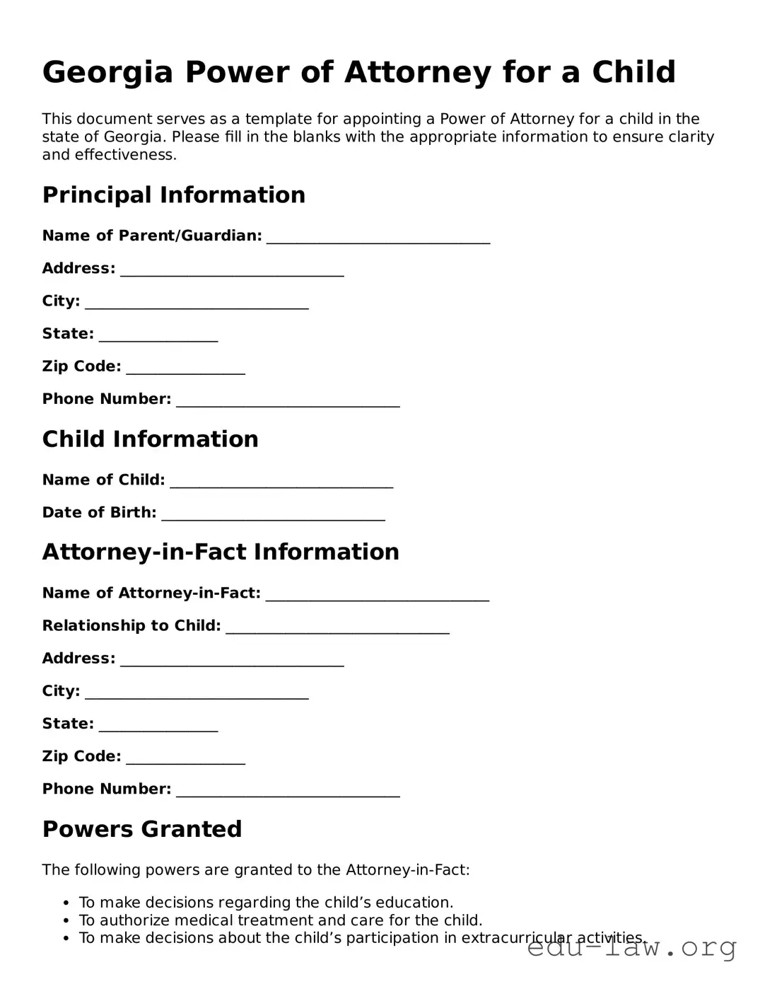 Legal  Power of Attorney for a Child Template for Georgia