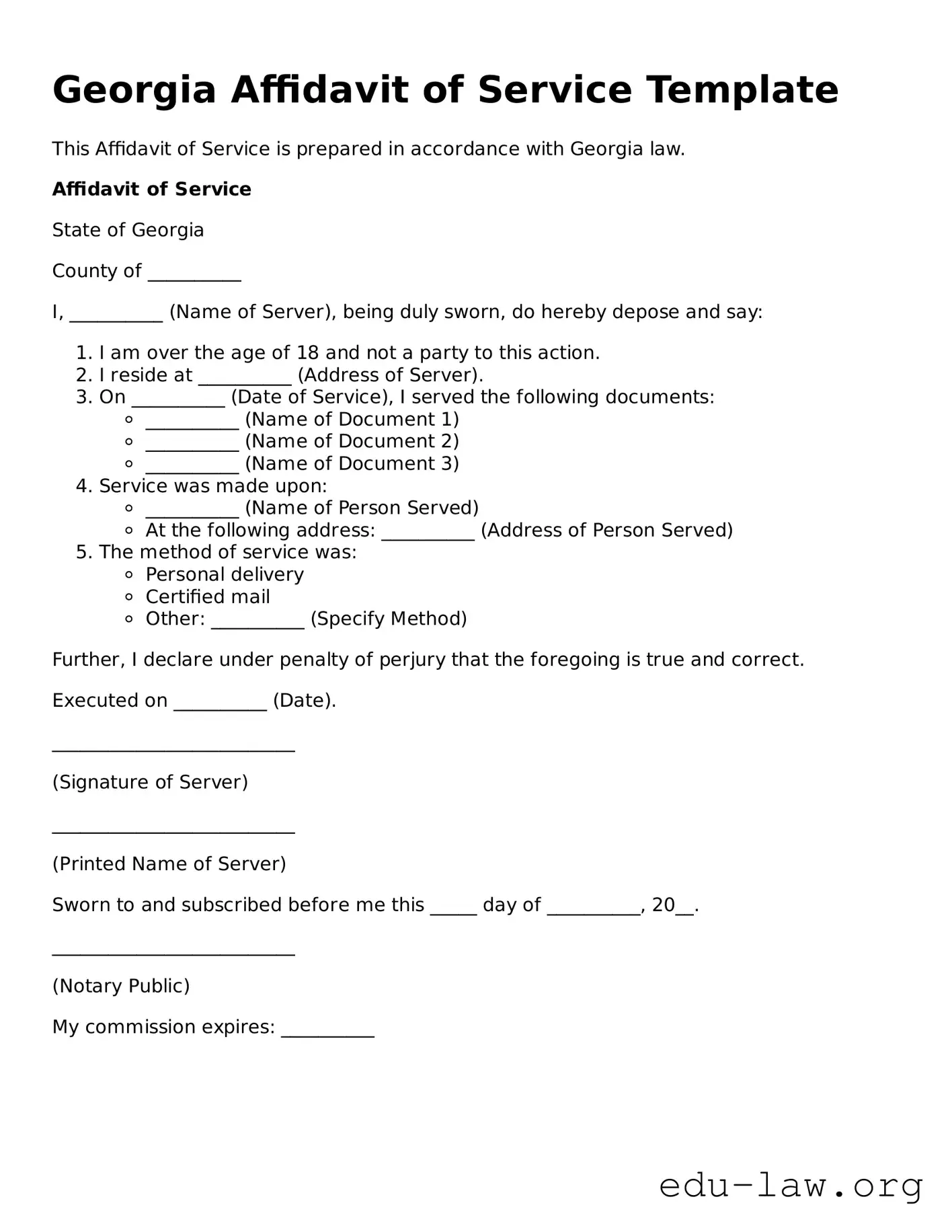 Legal  Affidavit of Service Template for Georgia