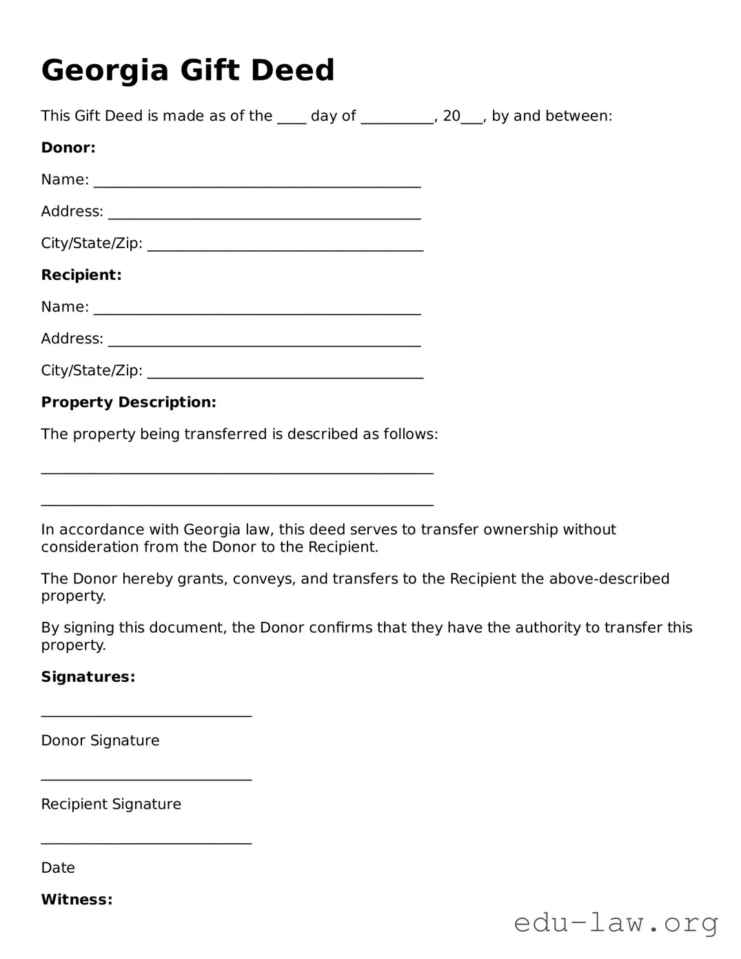 Legal  Gift Deed Template for Georgia