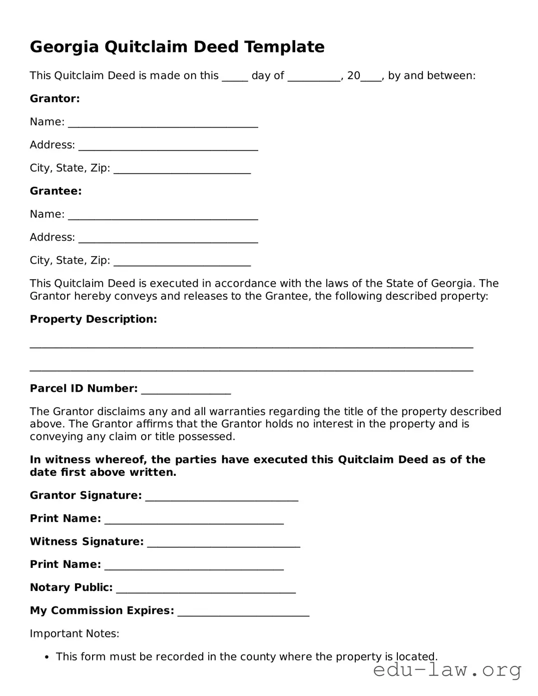 Legal  Quitclaim Deed Template for Georgia