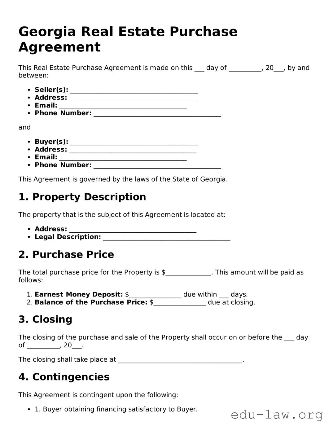 Legal  Real Estate Purchase Agreement Template for Georgia