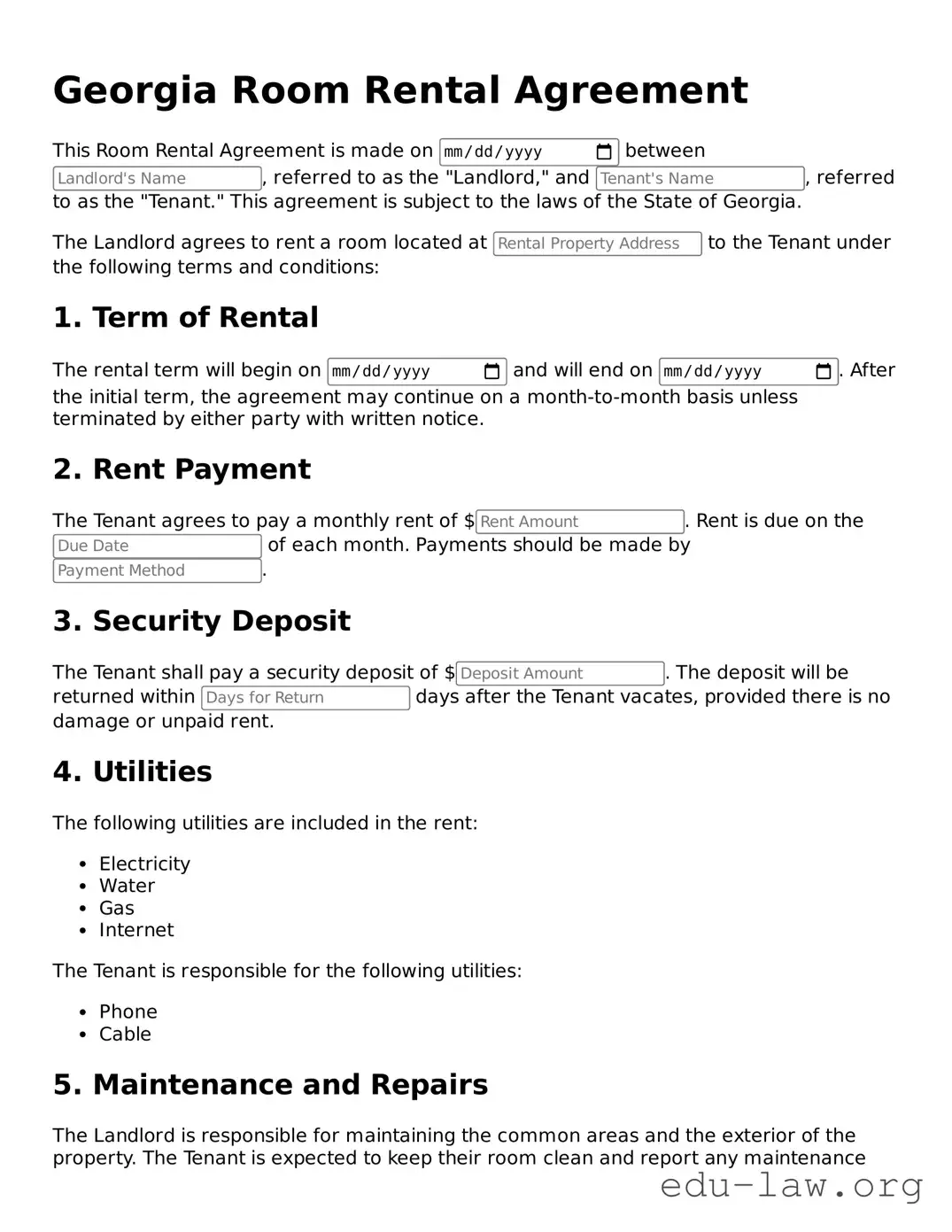 Legal  Room Rental Agreement Template for Georgia