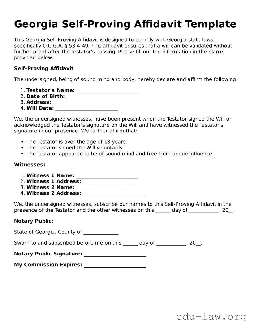 Legal  Self-Proving Affidavit Template for Georgia