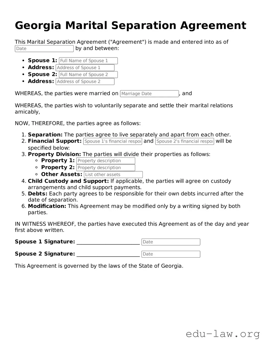Legal  Marital Separation Agreement Template for Georgia