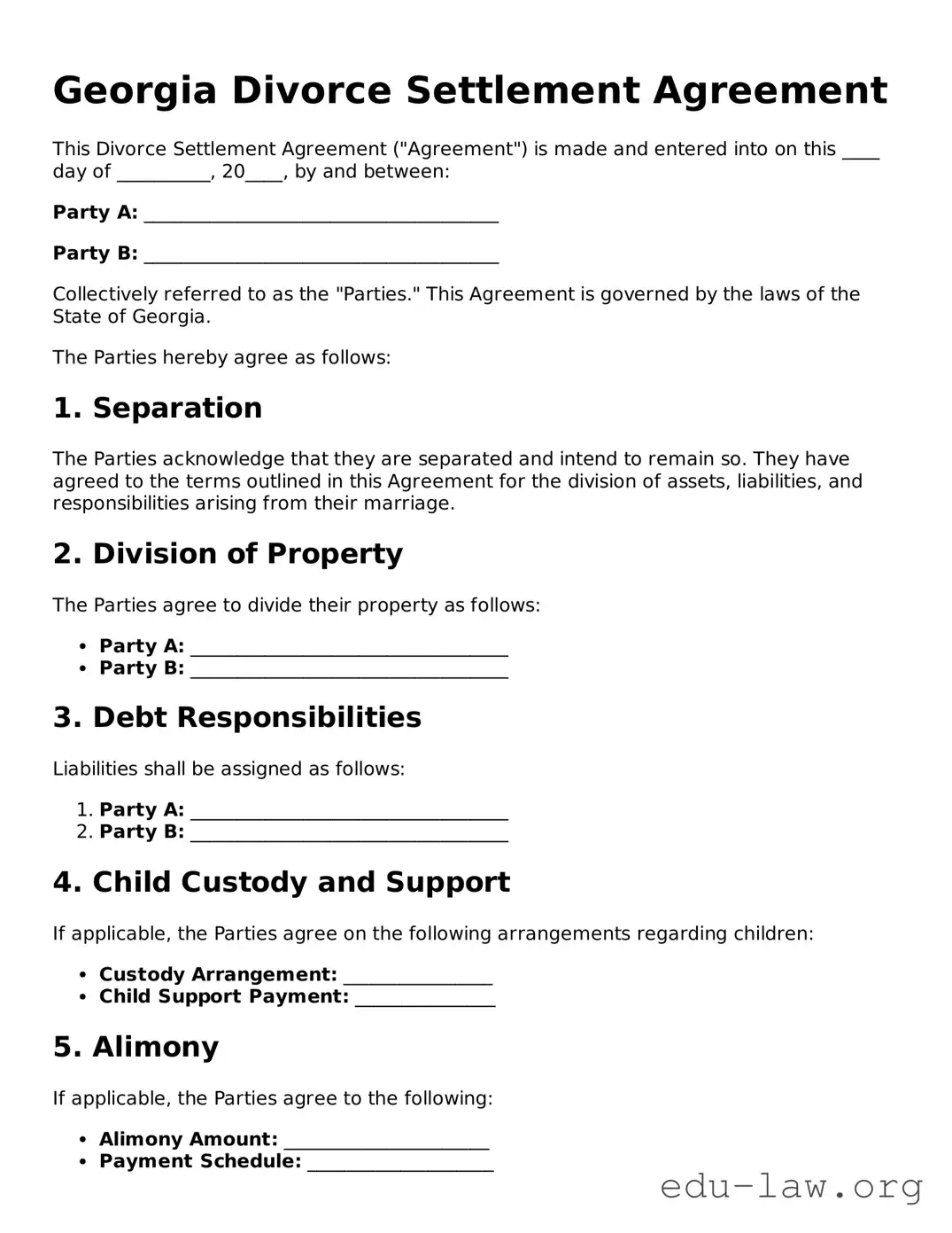 Legal  Divorce Settlement Agreement Template for Georgia