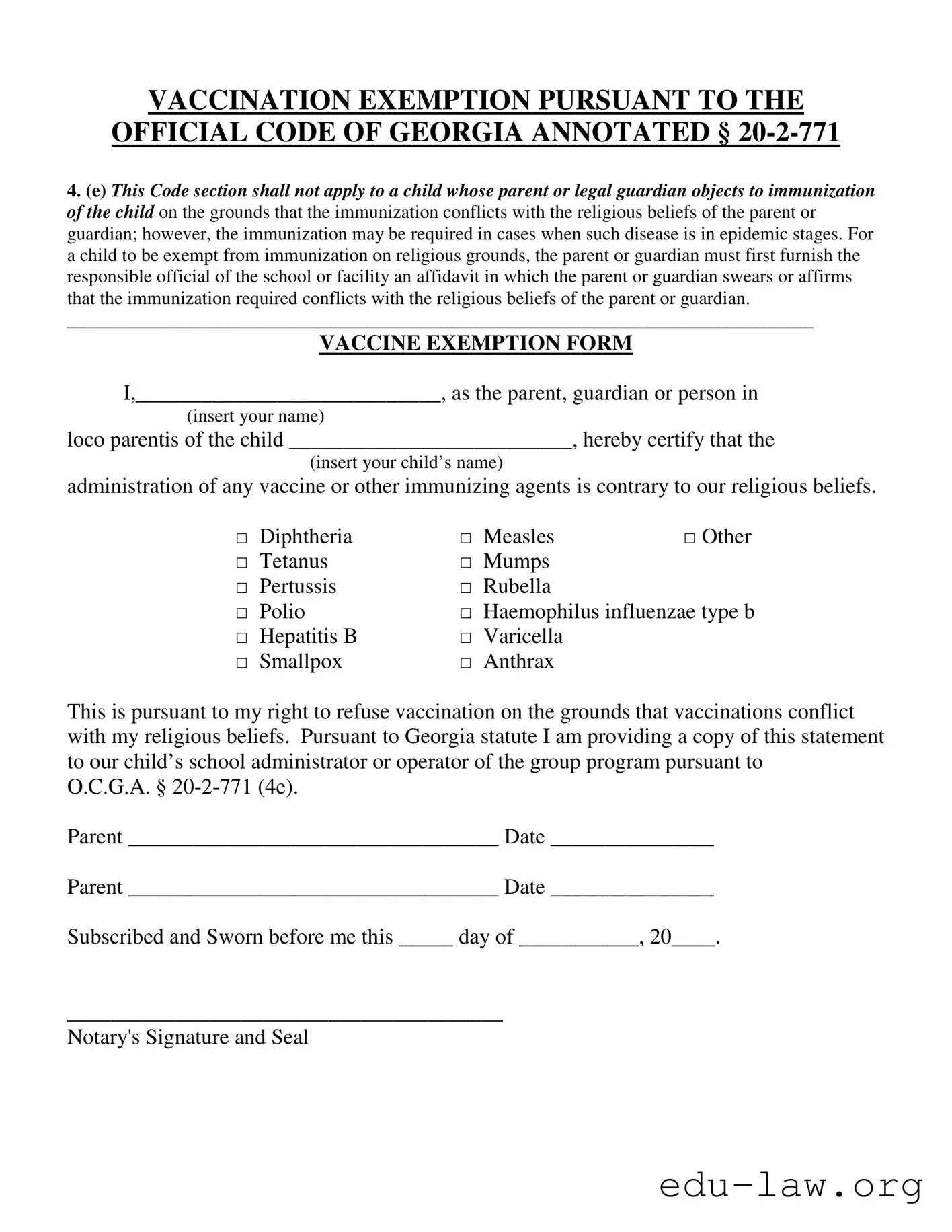 Fill in Your Ga Vaccine Exemption Template