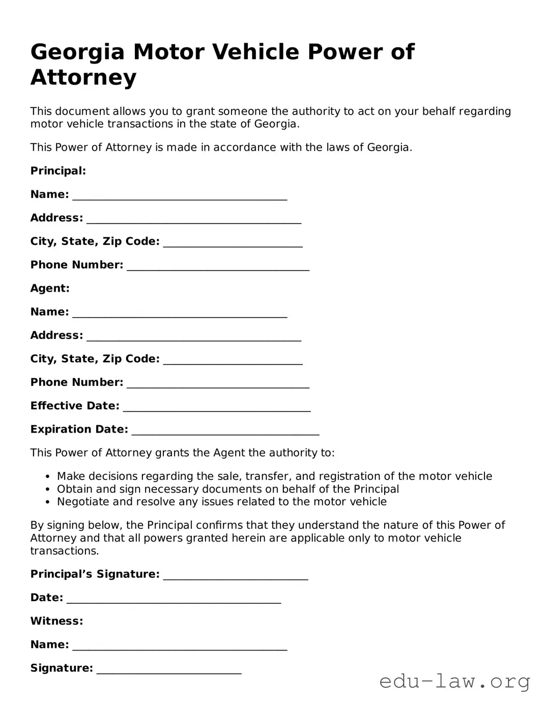 Legal  Motor Vehicle Power of Attorney Template for Georgia