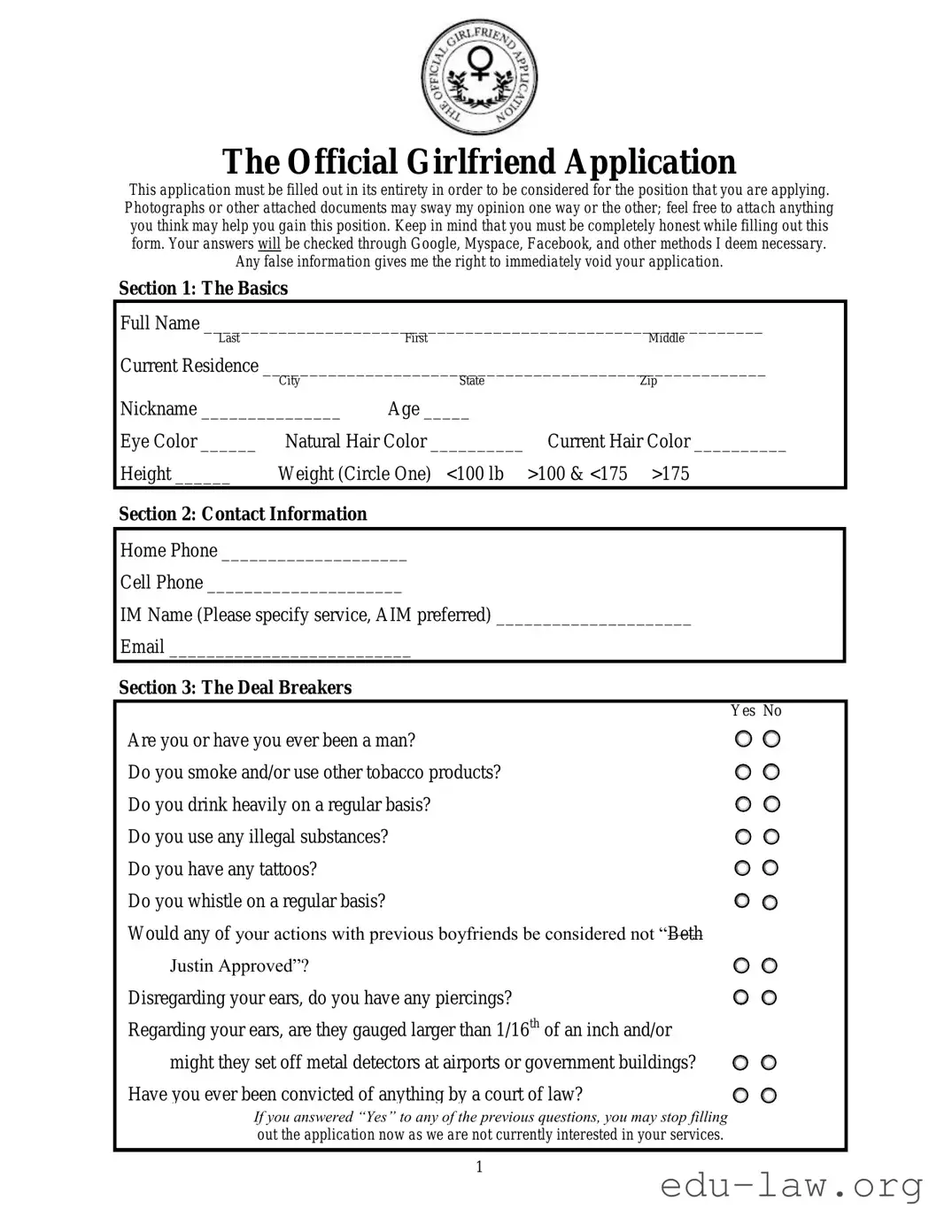 Fill in Your Girlfriend Application Template