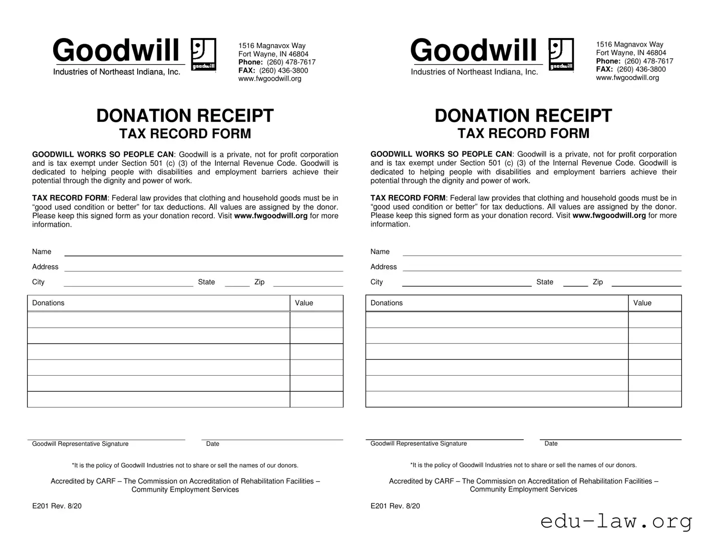 Fill in Your Goodwill donation receipt Template