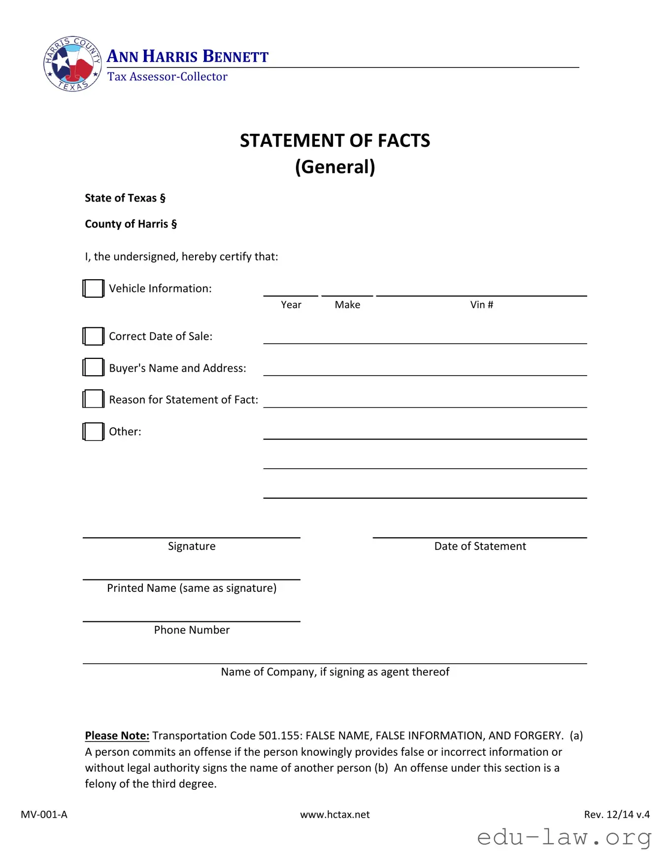 Fill in Your Statement Of Fact Texas Template