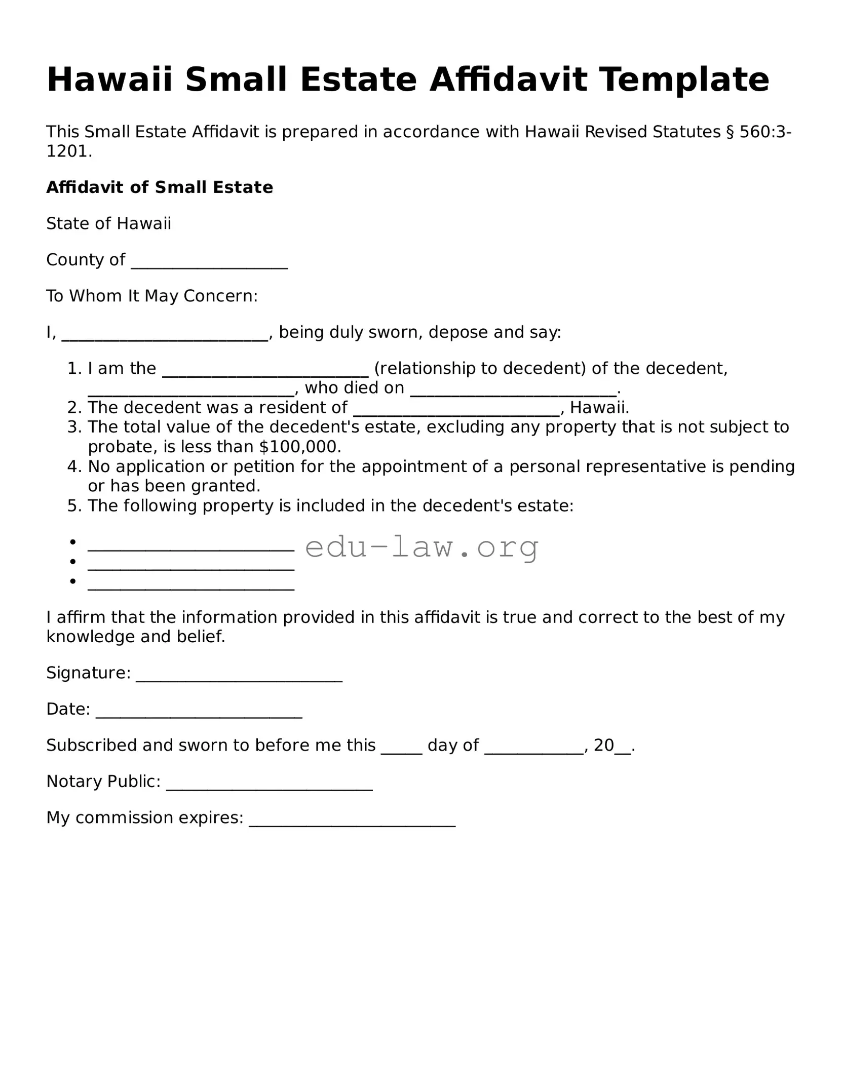 Legal  Small Estate Affidavit Template for Hawaii