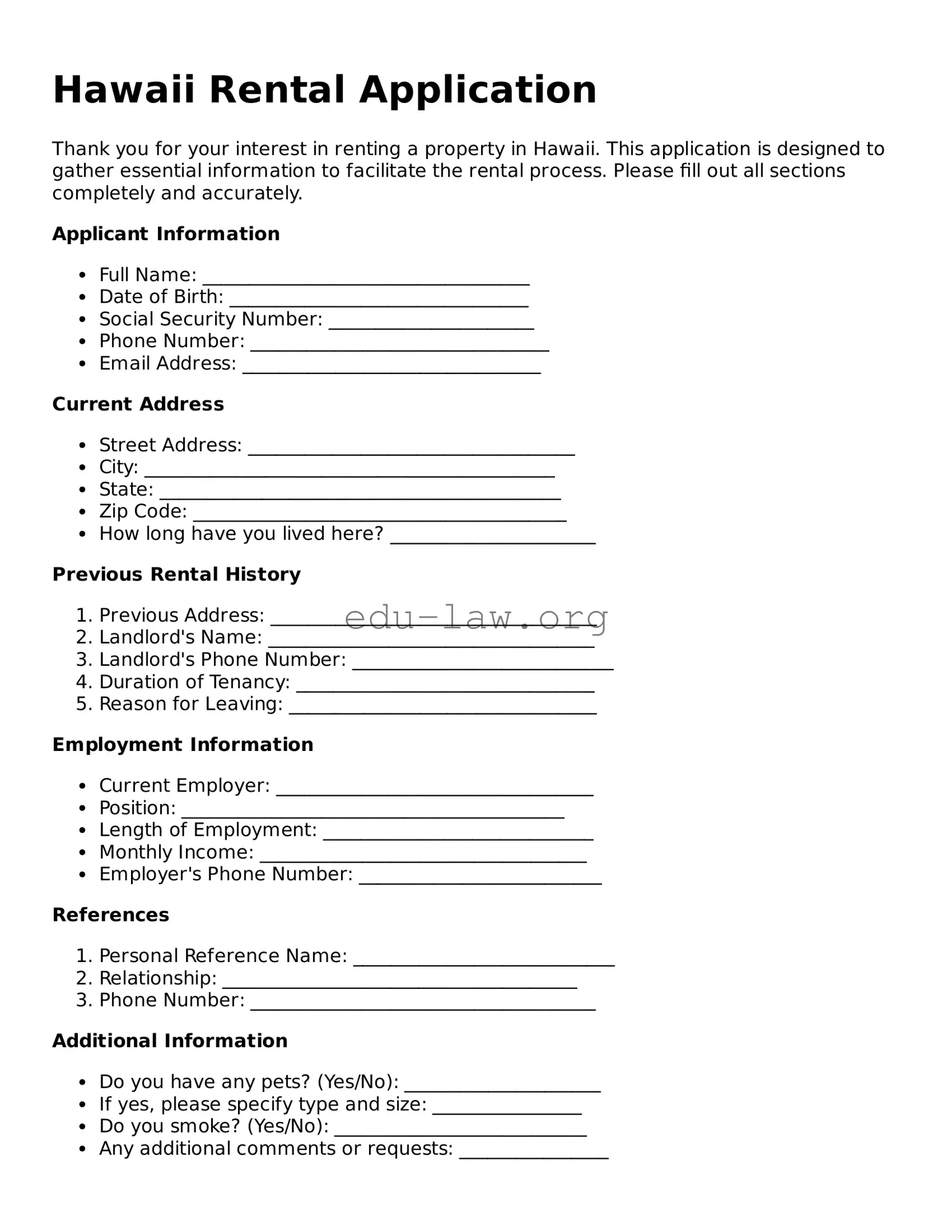 Legal  Rental Application Template for Hawaii
