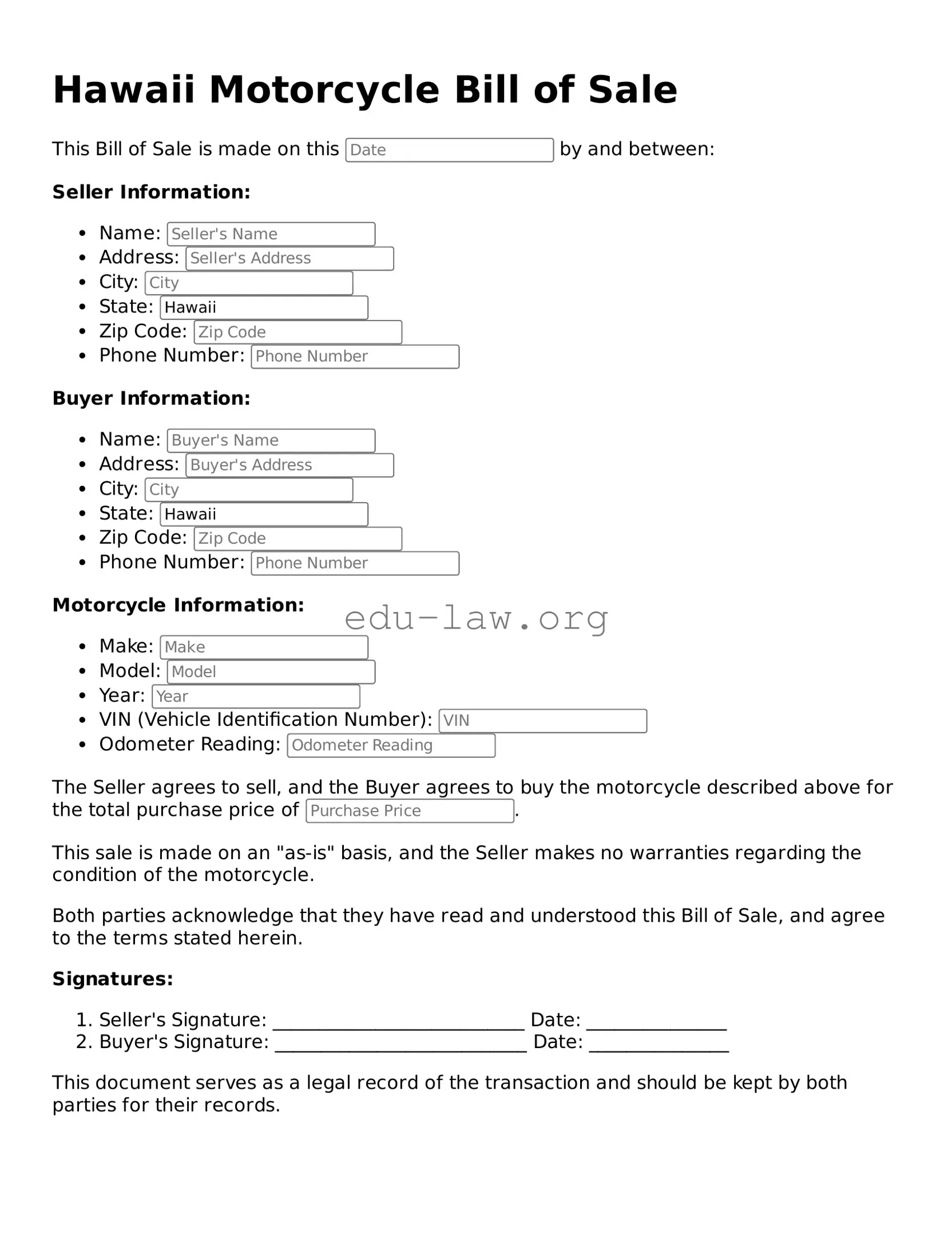 Legal  Motorcycle Bill of Sale Template for Hawaii