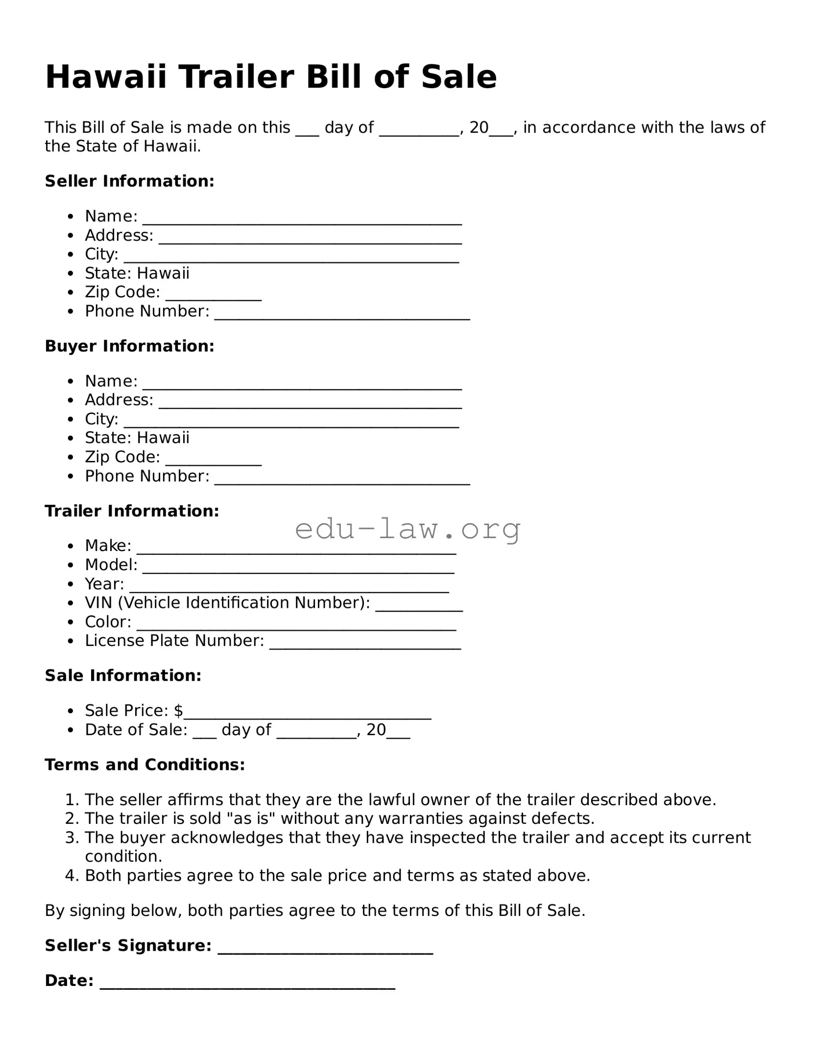 Legal  Trailer Bill of Sale Template for Hawaii