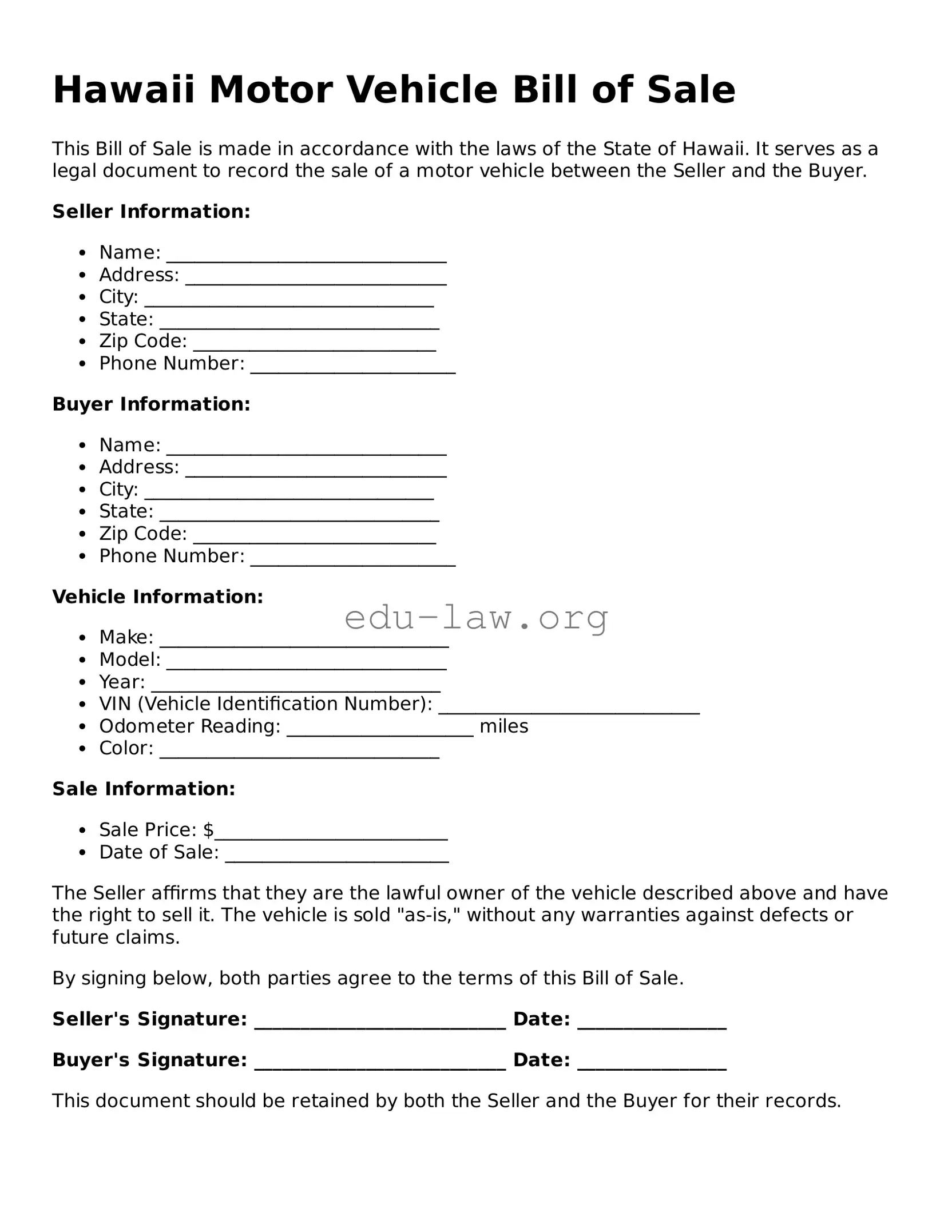 Legal  Motor Vehicle Bill of Sale Template for Hawaii
