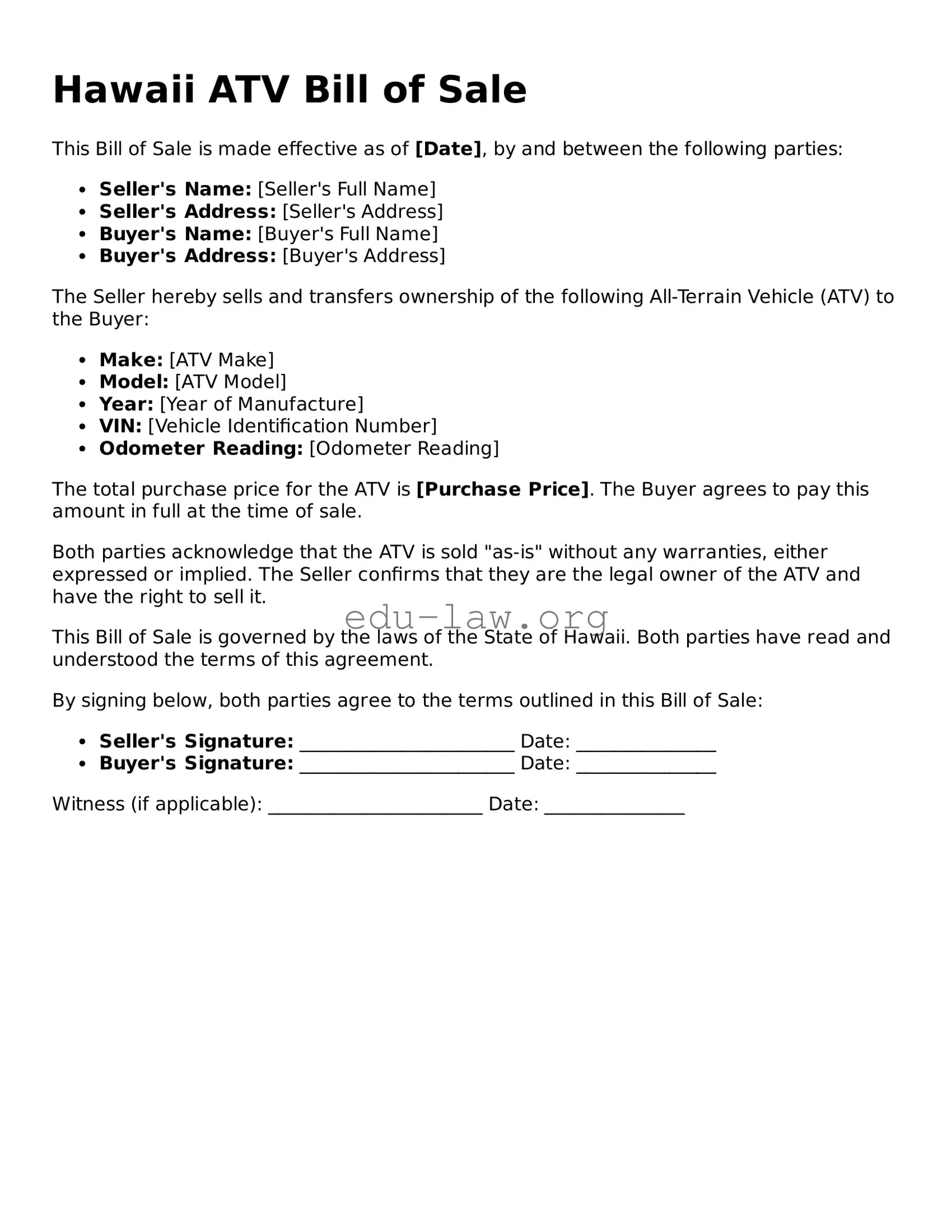 Legal  ATV Bill of Sale Template for Hawaii