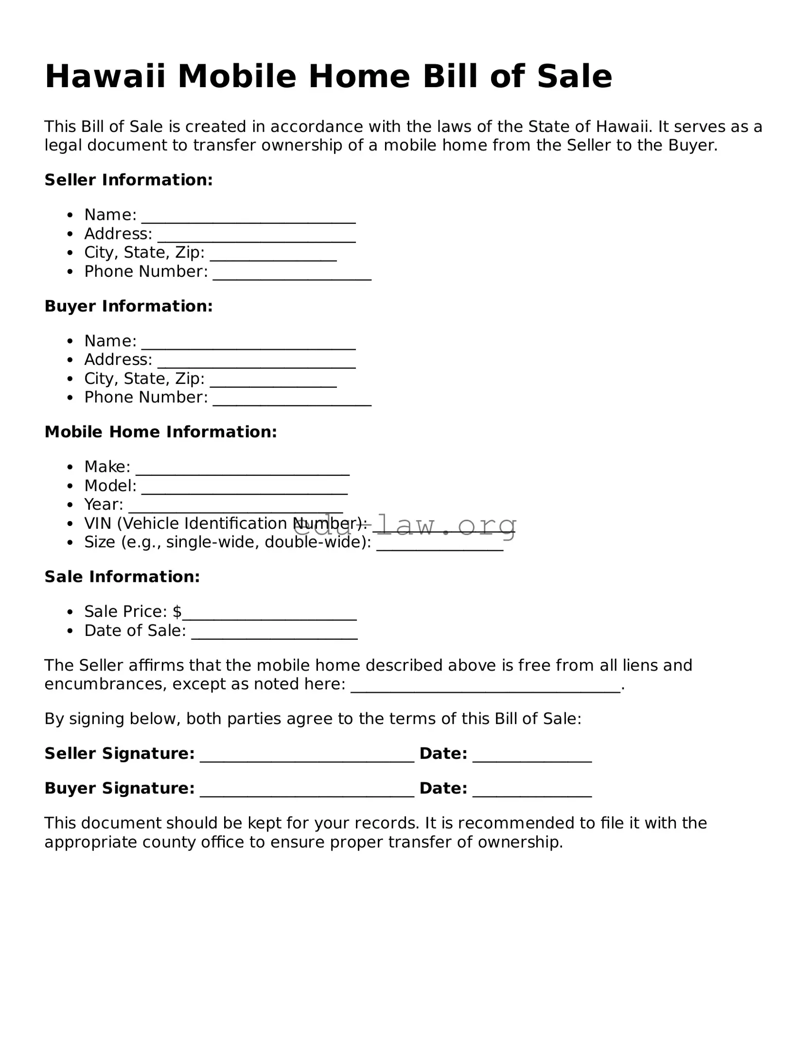 Legal  Mobile Home Bill of Sale Template for Hawaii