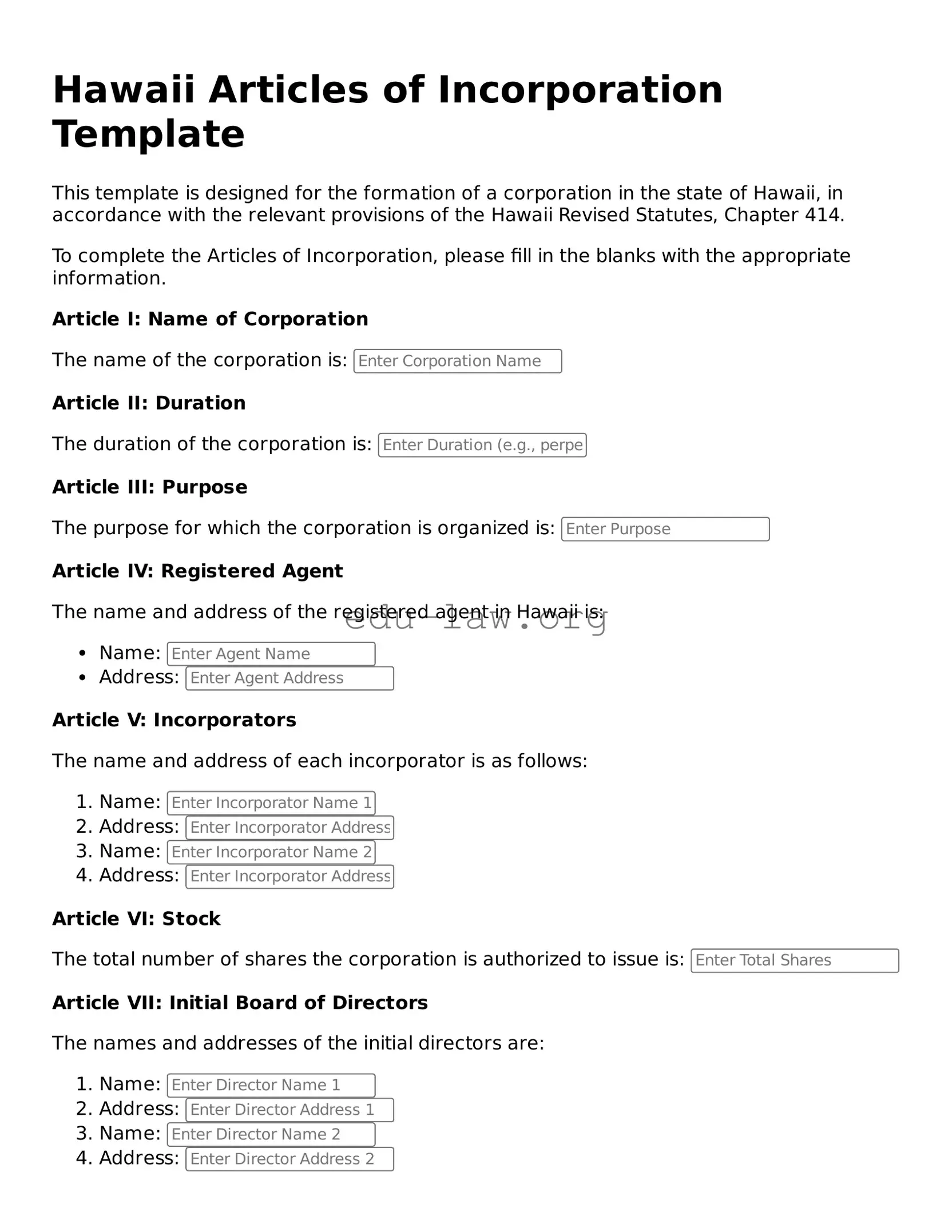 Legal  Articles of Incorporation Template for Hawaii