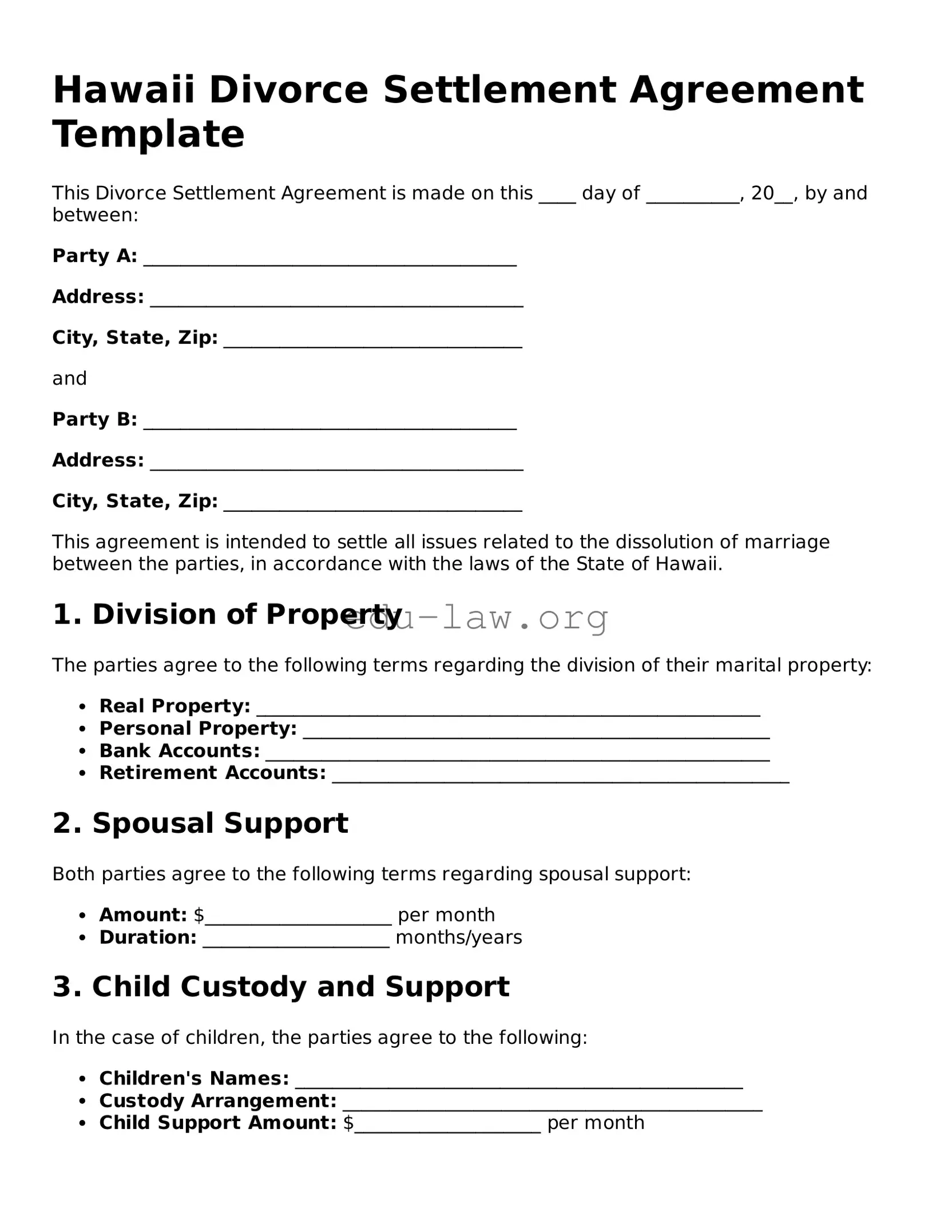Legal  Divorce Settlement Agreement Template for Hawaii