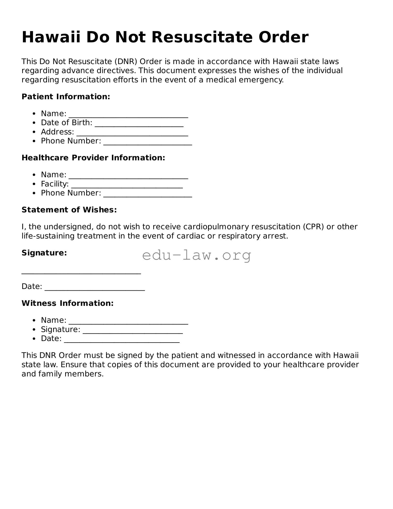 Legal  Do Not Resuscitate Order Template for Hawaii