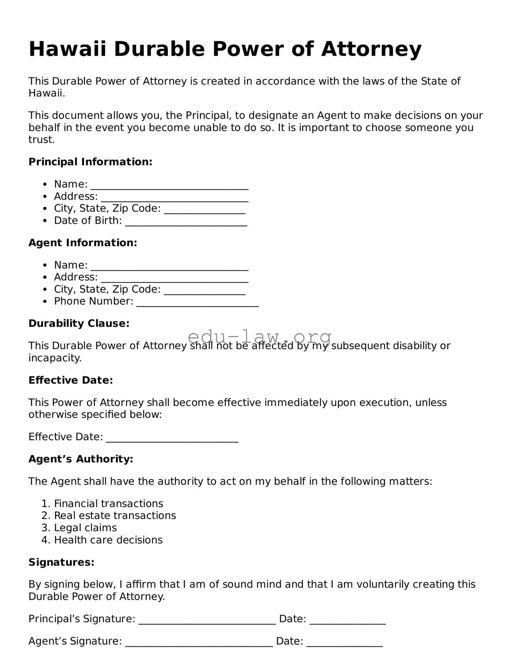 Legal  Durable Power of Attorney Template for Hawaii