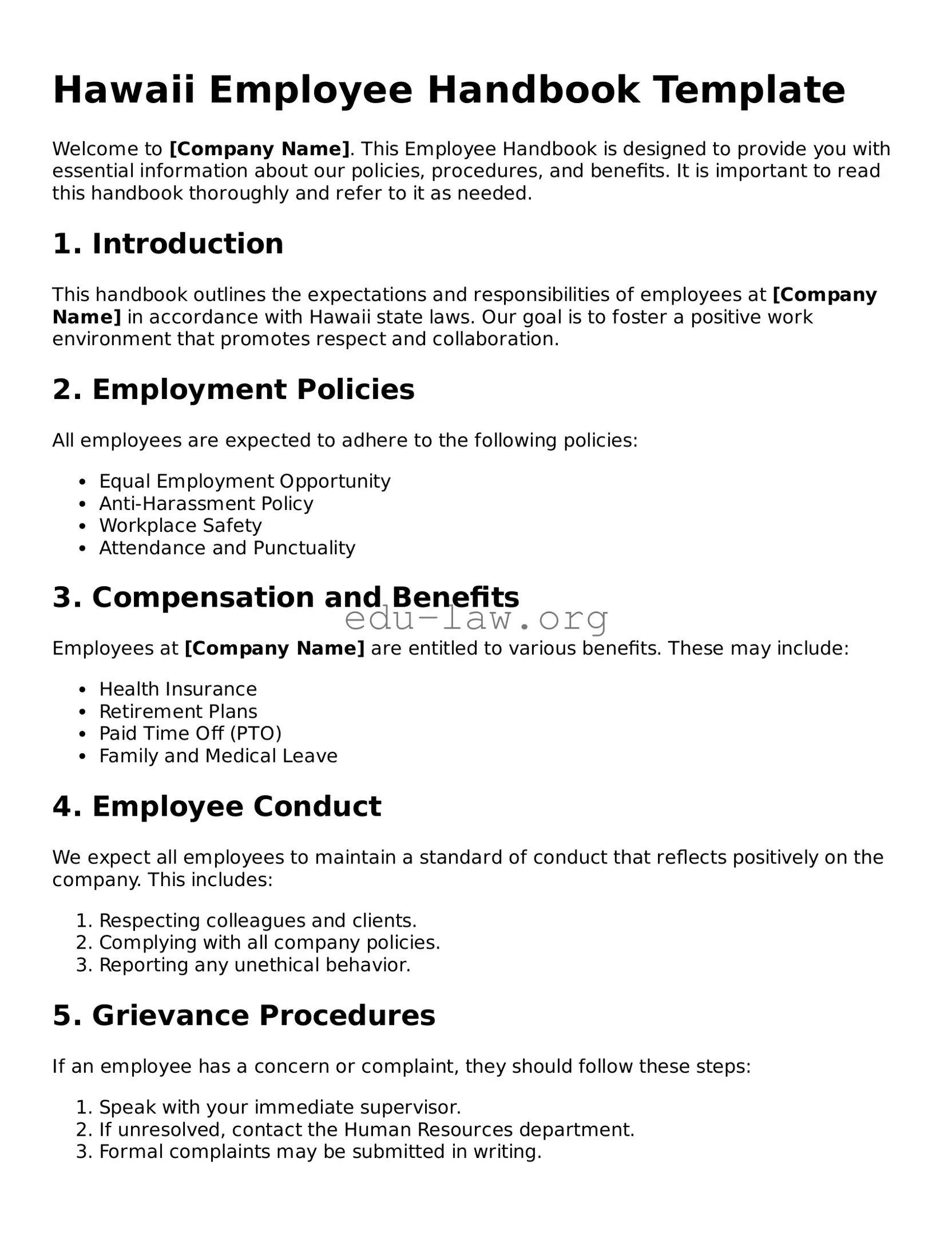 Legal  Employee Handbook Template for Hawaii