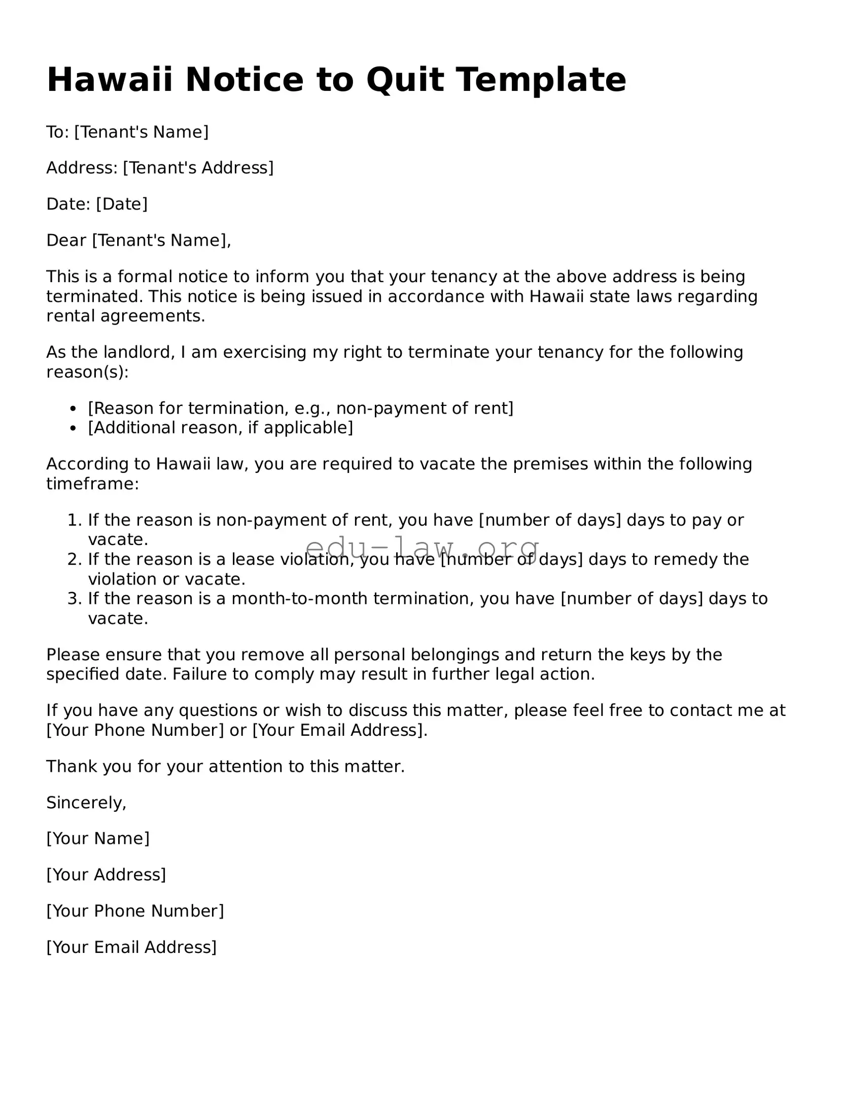 Legal  Notice to Quit Template for Hawaii