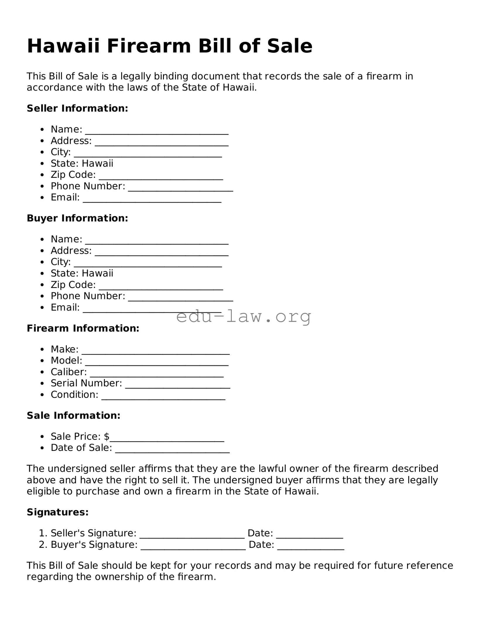Legal  Firearm Bill of Sale Template for Hawaii