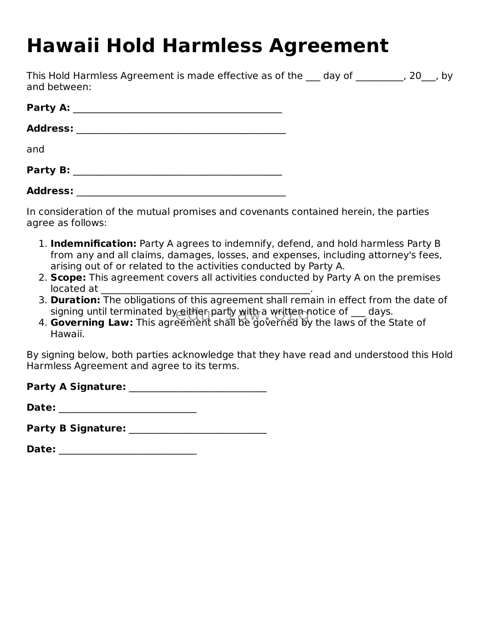 Legal  Hold Harmless Agreement Template for Hawaii
