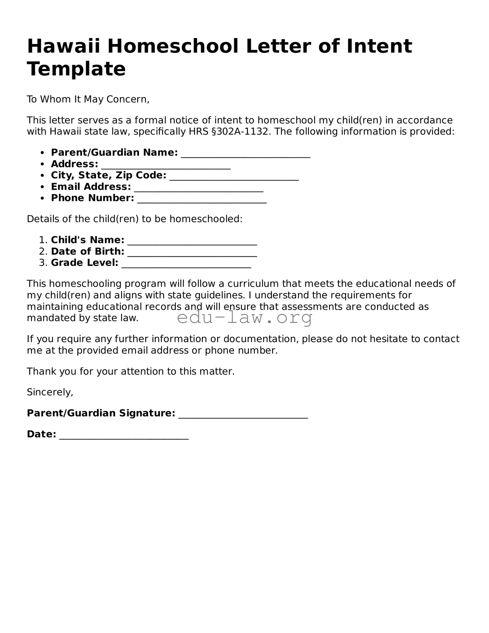 Legal  Homeschool Letter of Intent Template for Hawaii