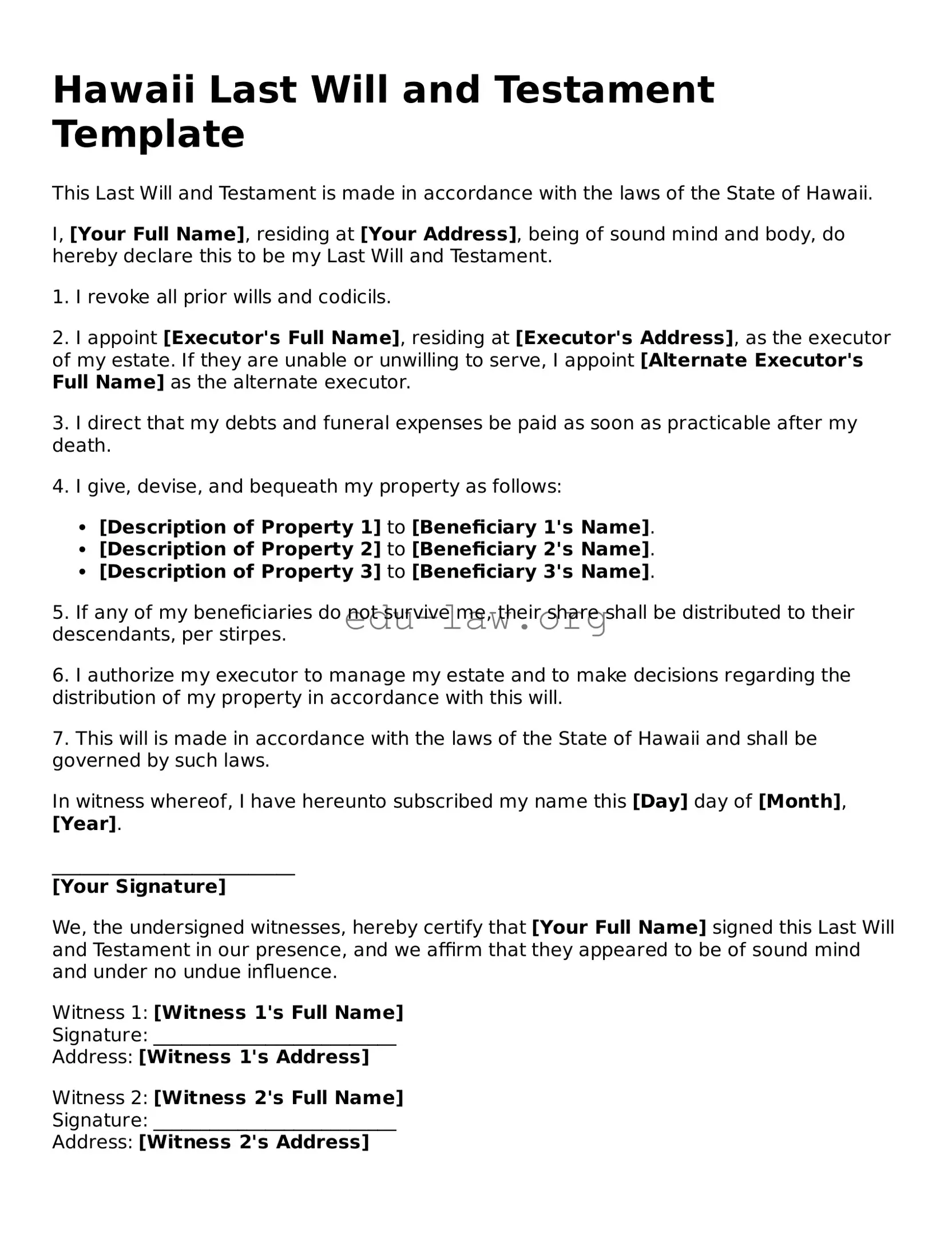 Legal  Last Will and Testament Template for Hawaii