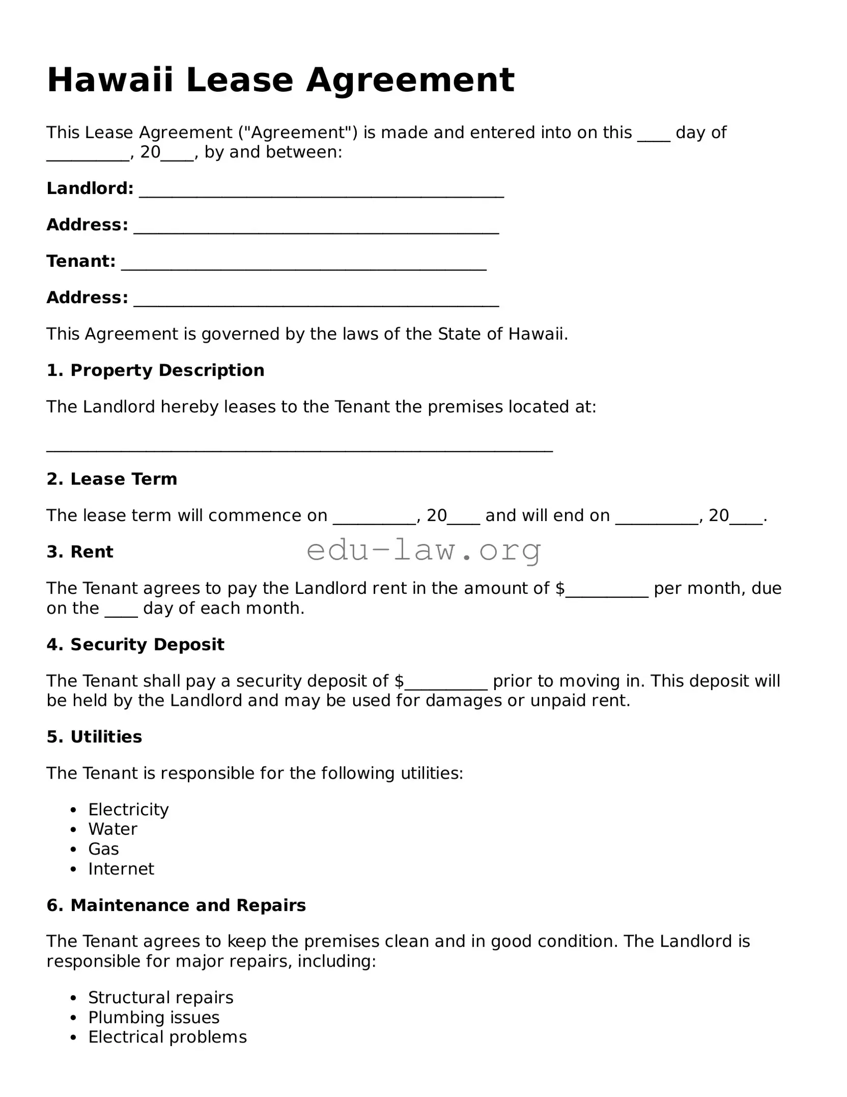 Legal  Lease Agreement Template for Hawaii