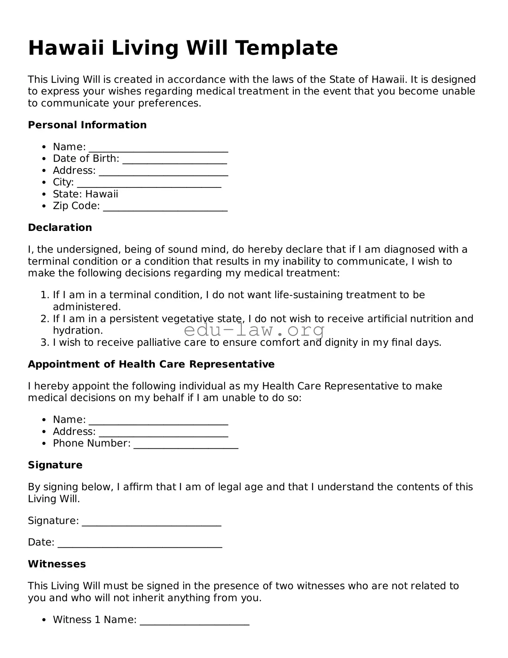 Legal  Living Will Template for Hawaii