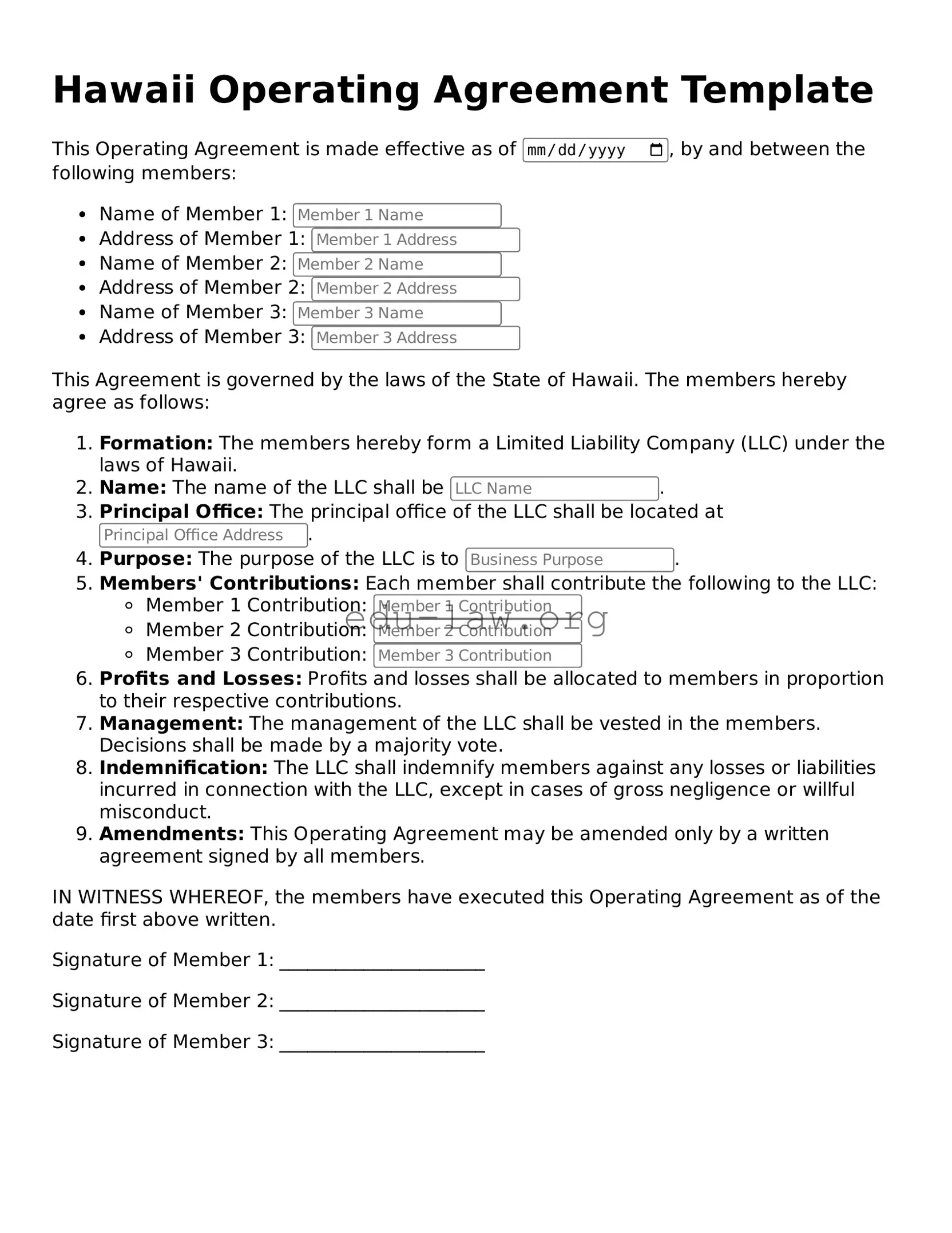 Legal  Operating Agreement Template for Hawaii