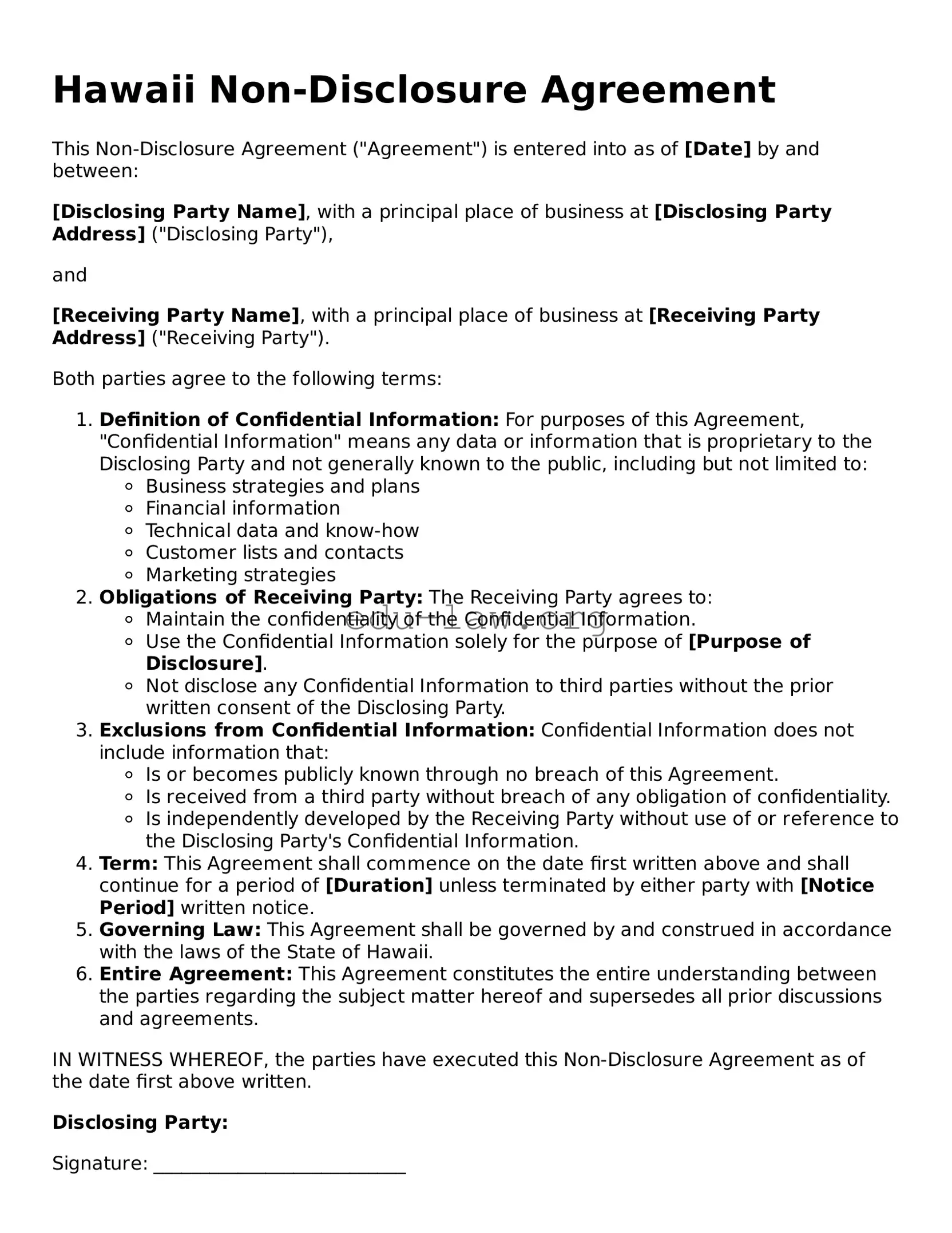 Legal  Non-disclosure Agreement Template for Hawaii