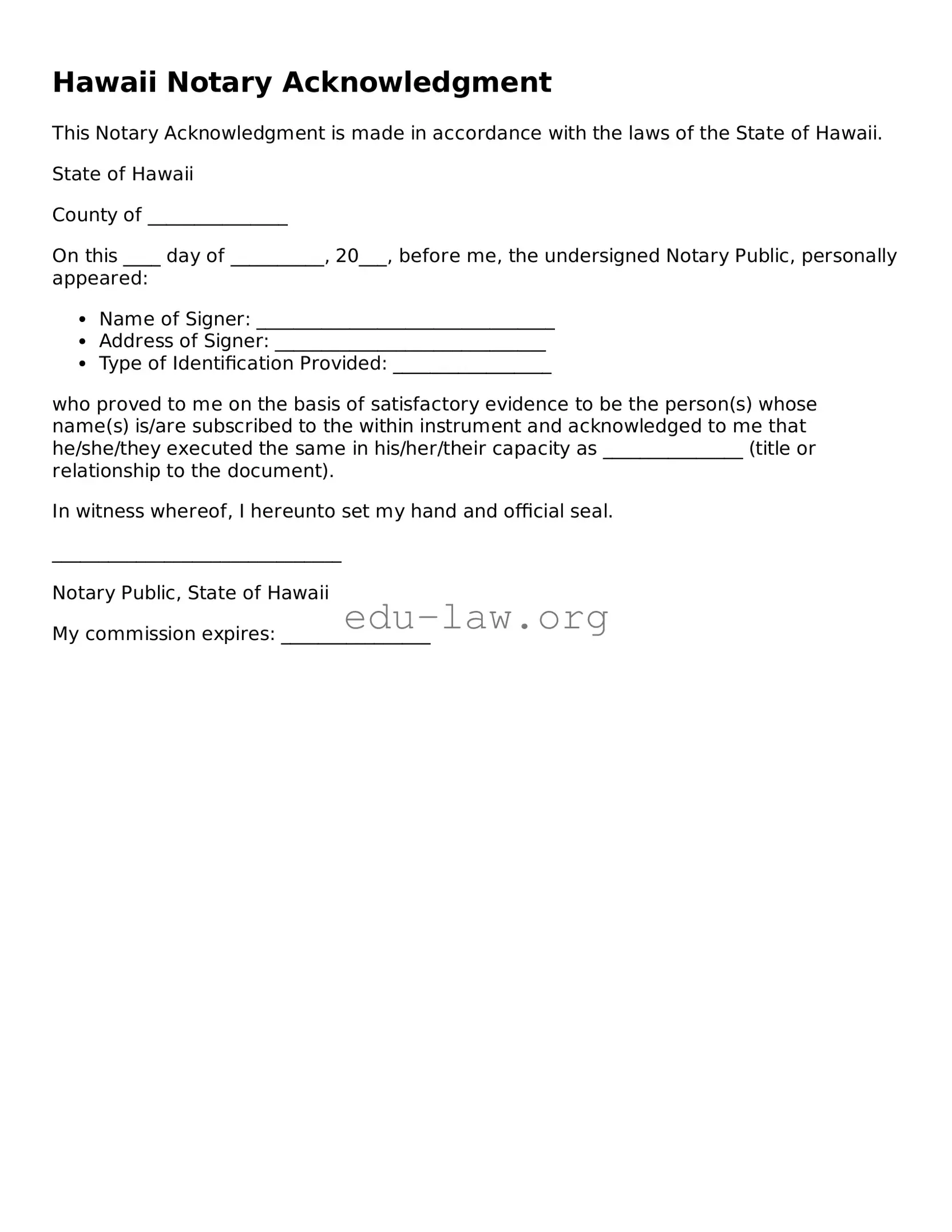 Legal  Notary Acknowledgement Template for Hawaii