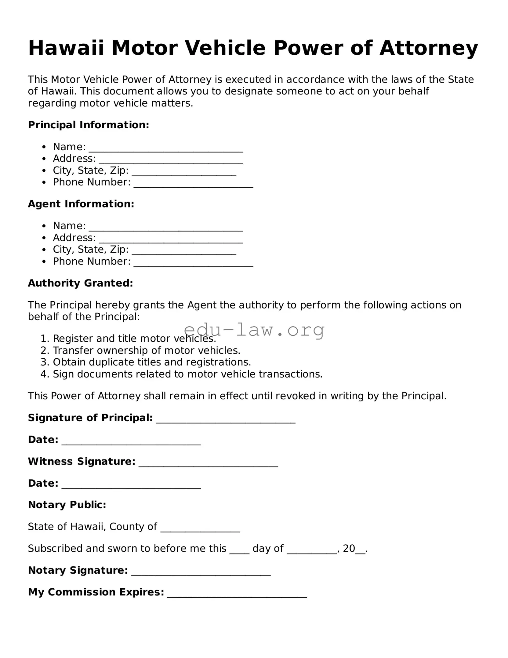 Legal  Motor Vehicle Power of Attorney Template for Hawaii