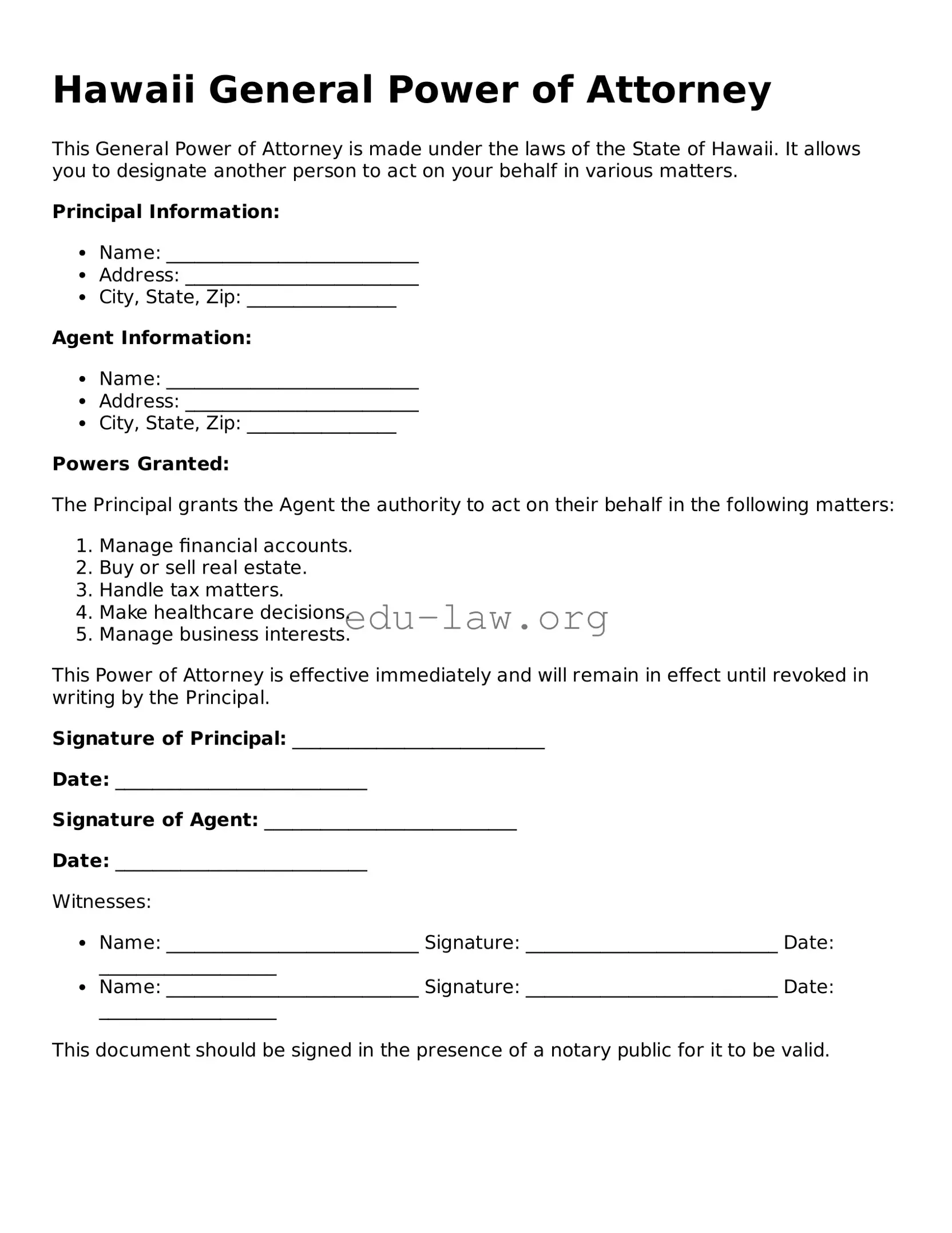 Legal  General Power of Attorney Template for Hawaii
