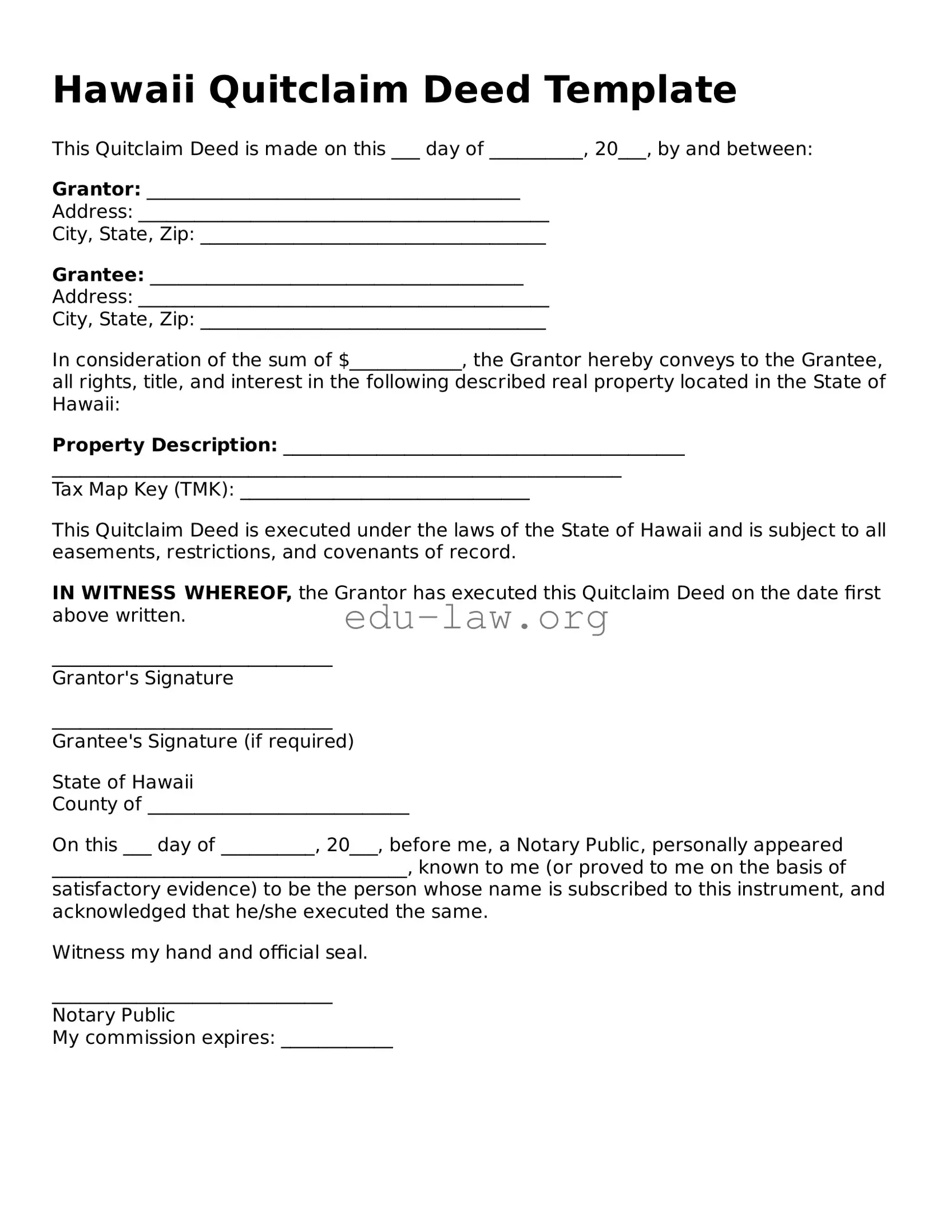 Legal  Quitclaim Deed Template for Hawaii