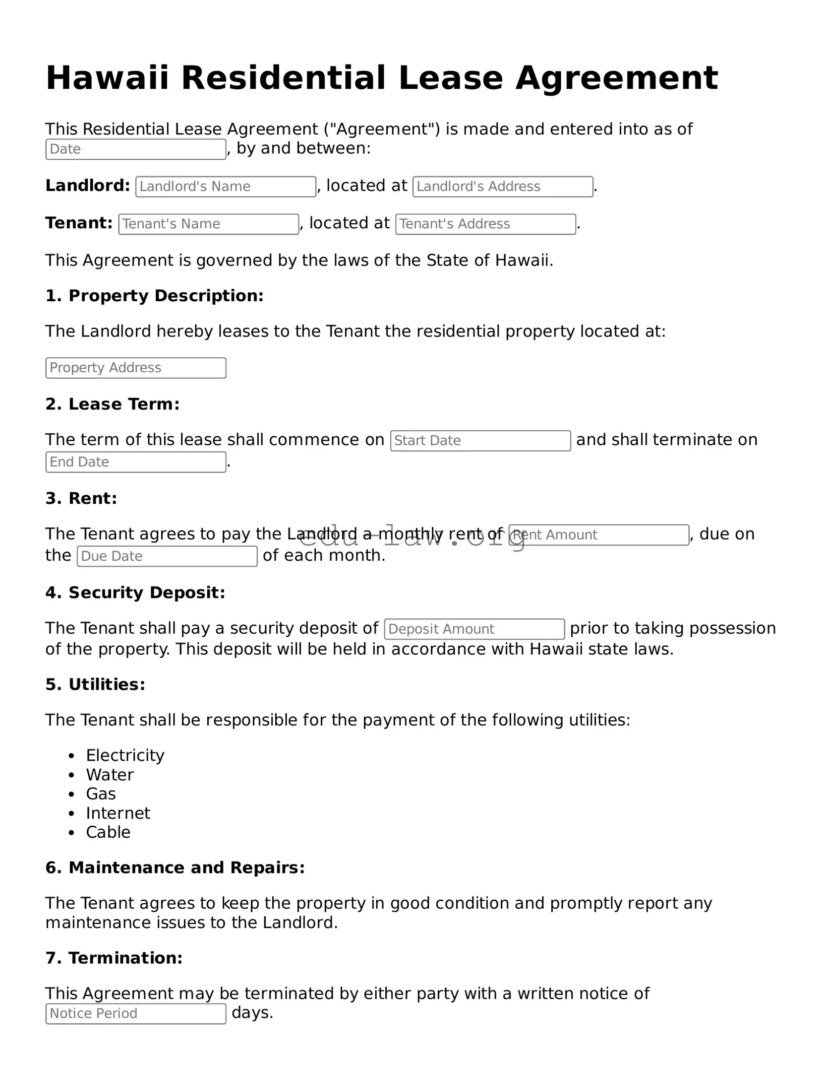 Legal  Residential Lease Agreement Template for Hawaii