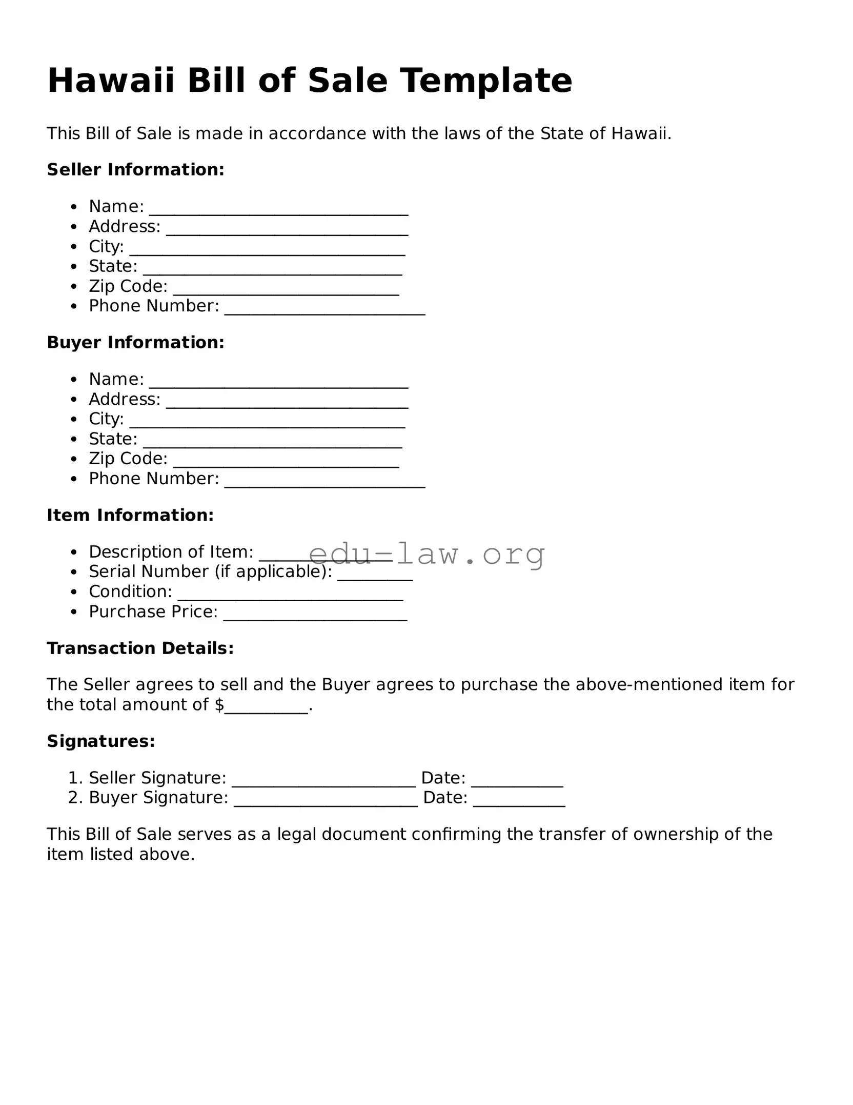 Legal  Bill of Sale Template for Hawaii