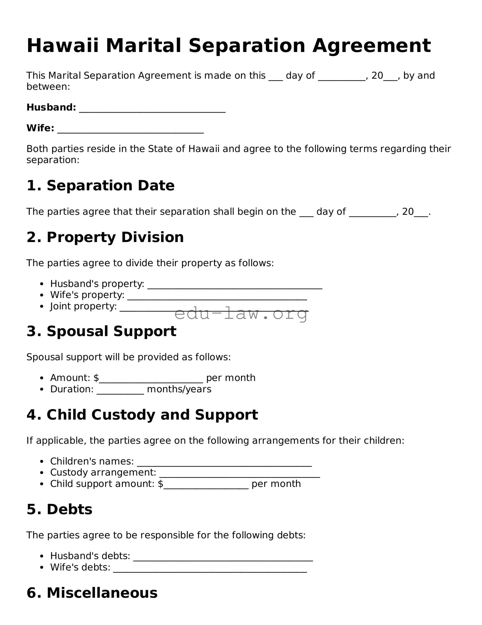 Legal  Marital Separation Agreement Template for Hawaii