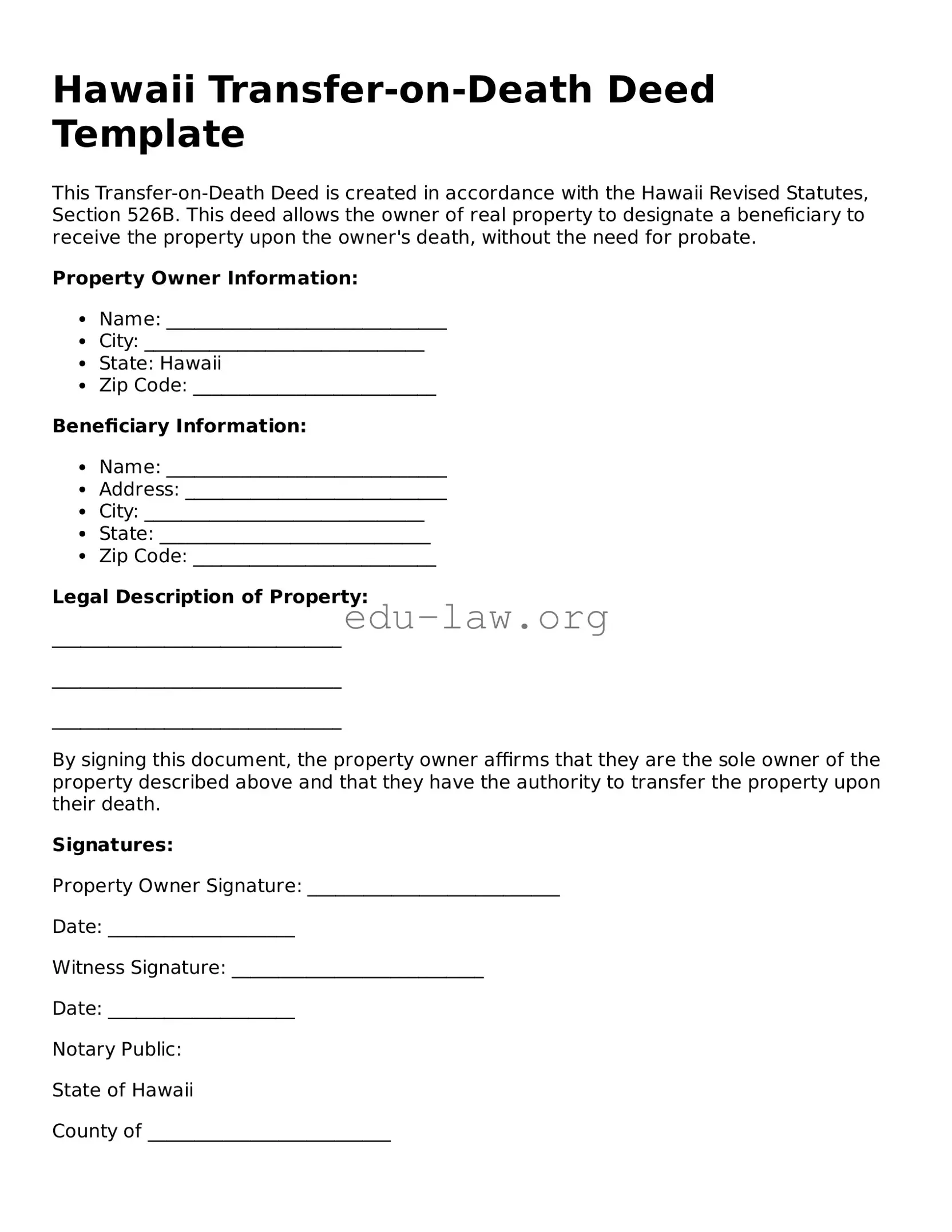 Legal  Transfer-on-Death Deed Template for Hawaii