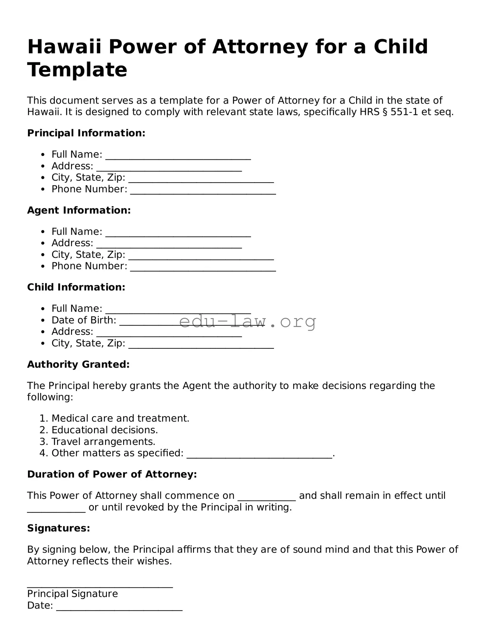 Legal  Power of Attorney for a Child Template for Hawaii